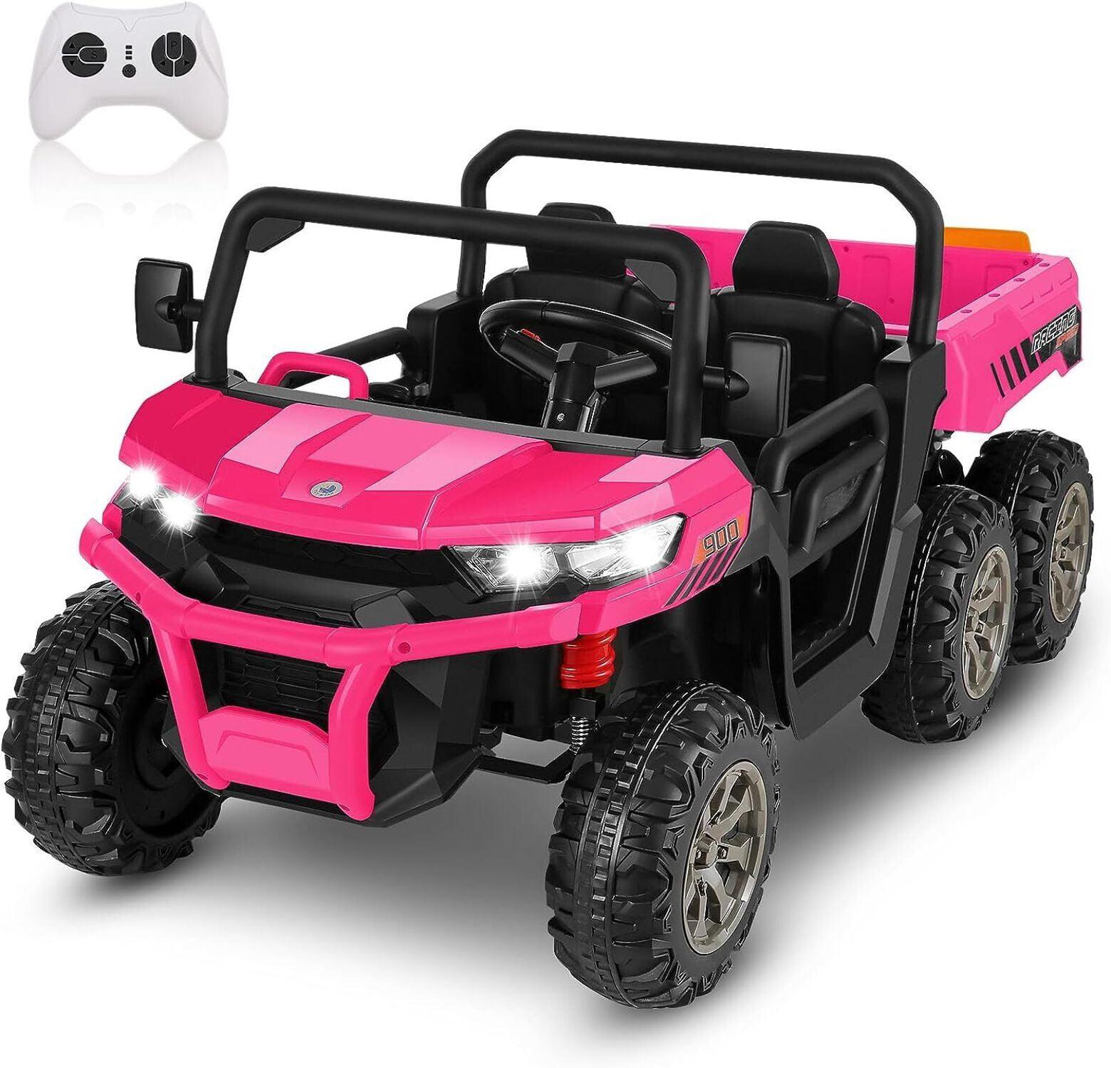 24V Kids Ride on Dump Truck with Remote Control, 2 Seater Powered 4-Wheel UTV Toys, 2x200W Ride on Tractor Car w/ Electric Dump Bed, Shovel, Bluetooth Music, Pink