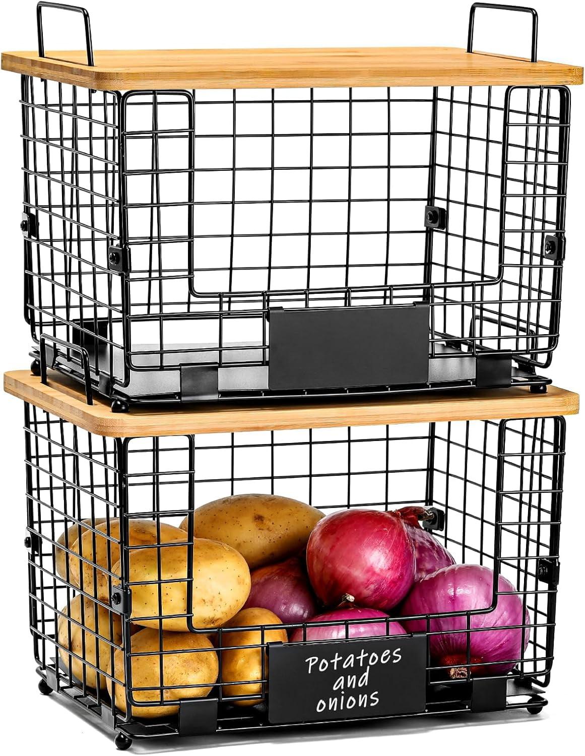 Black Stackable Wire Baskets with Bamboo Top, Set of 2