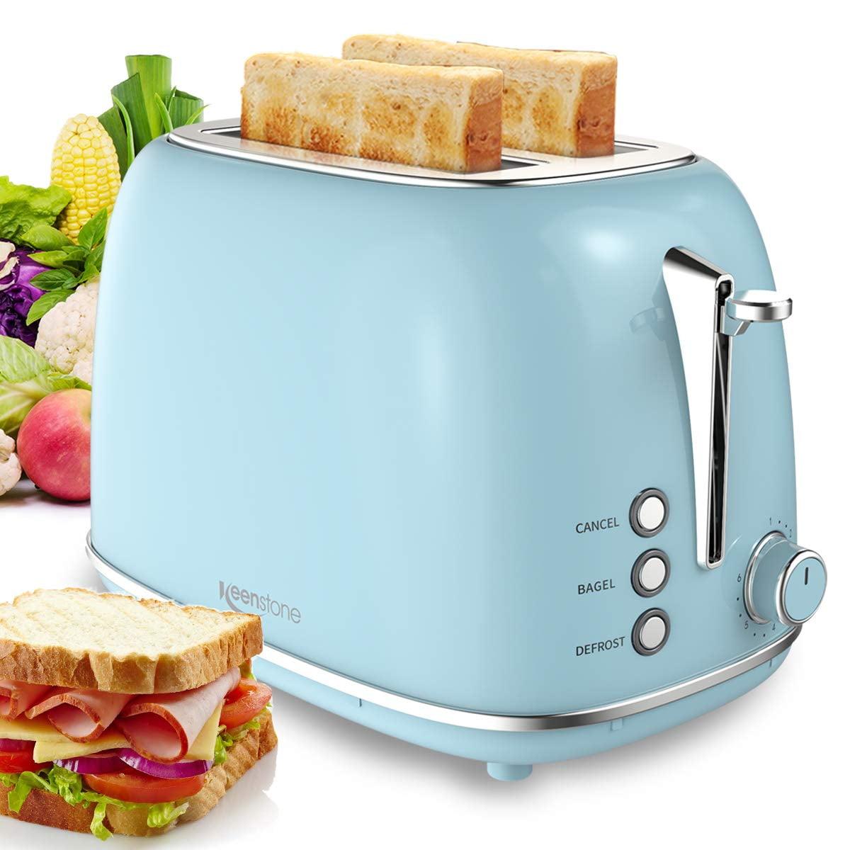 Blue Retro Stainless Steel 2-Slice Toaster with Wide Slots and Crumb Tray