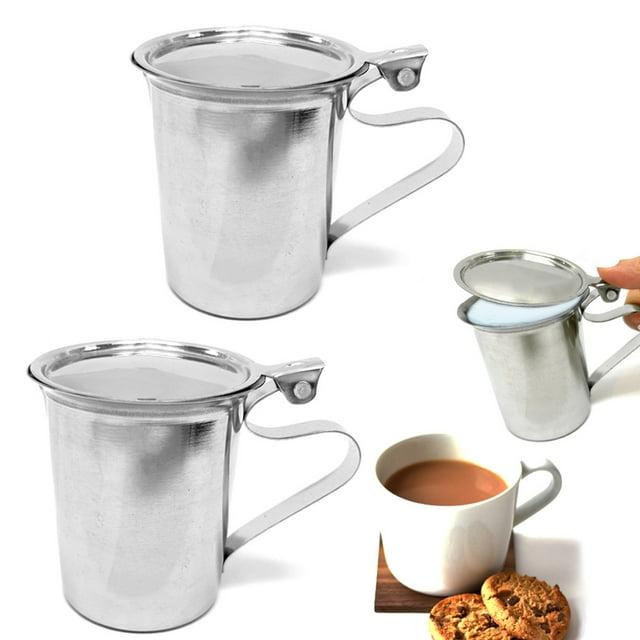 2 Stainless Steel Coffee Creamer Container Cover 10oz Milk Pitcher Lid Dispenser