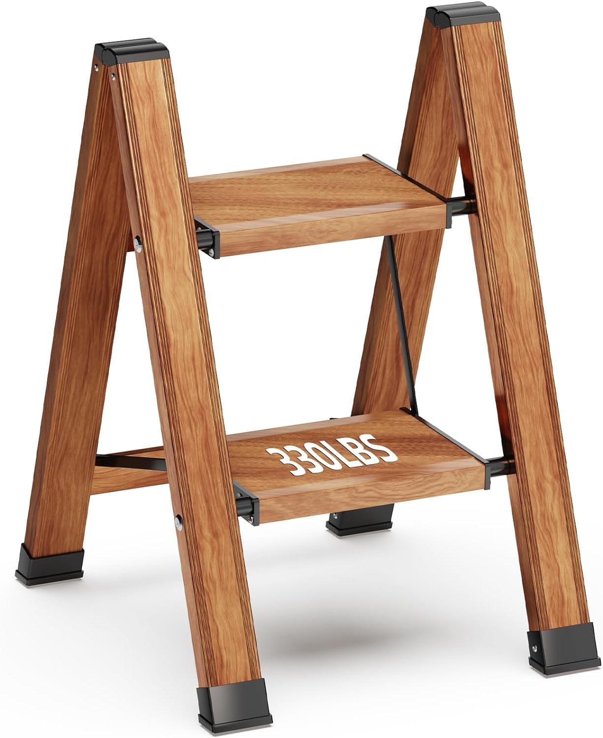 Woodgrain Aluminum Foldable 2-Step Ladder with Anti-Slip Pedals