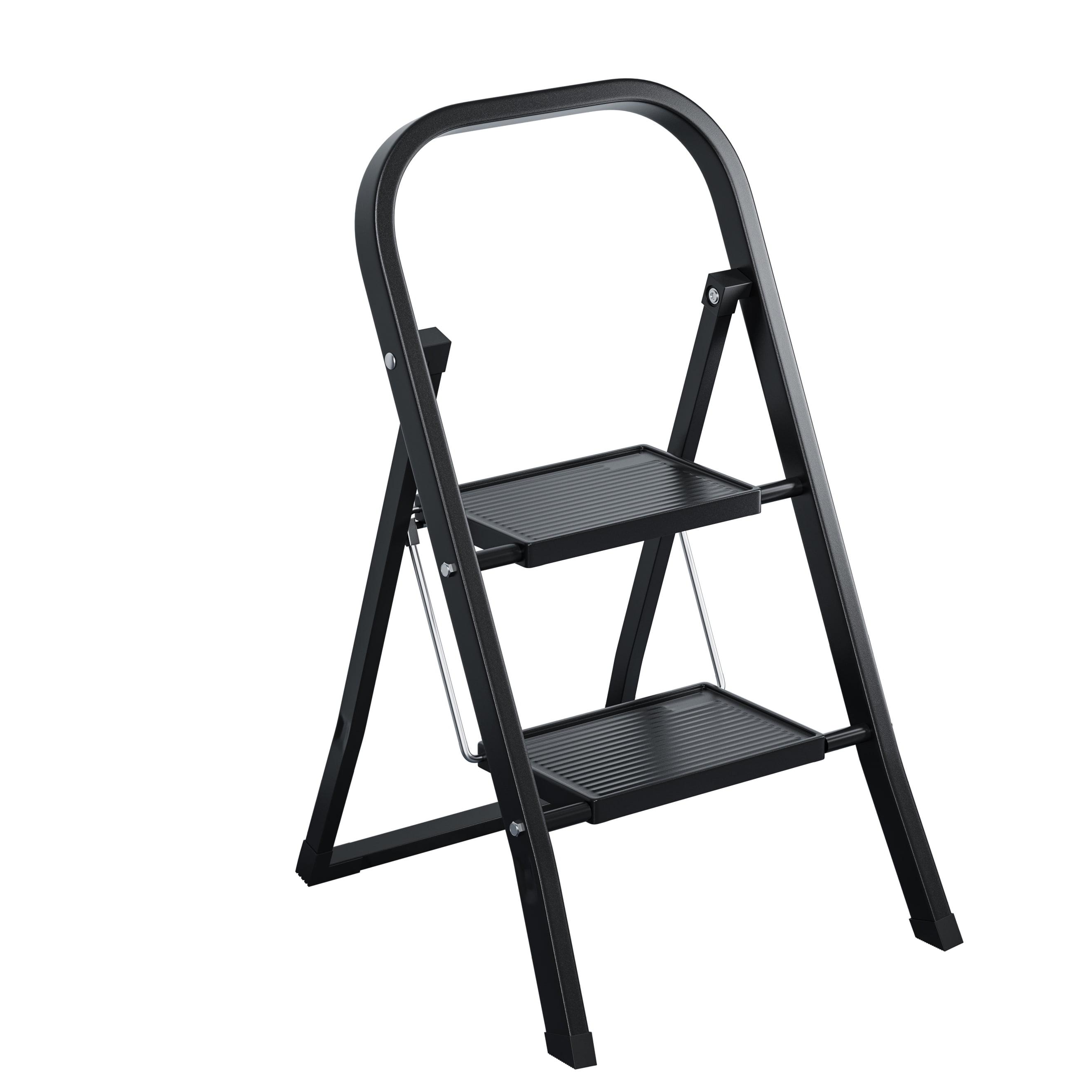 Black Folding Steel 2-Step Ladder with Anti-Slip Pedal