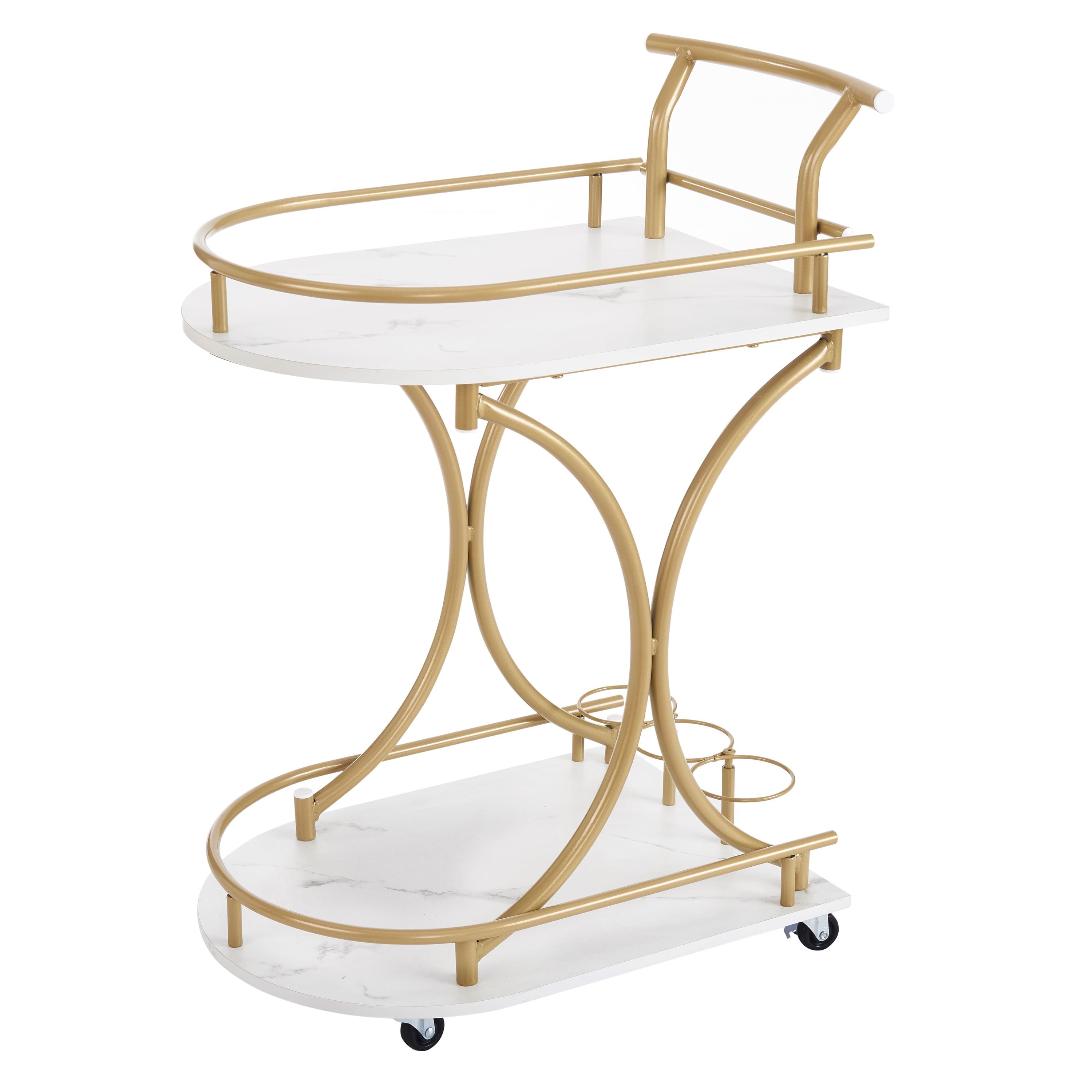 Gold and Faux Marble 2-Tier Mobile Bar Cart with Wine Rack