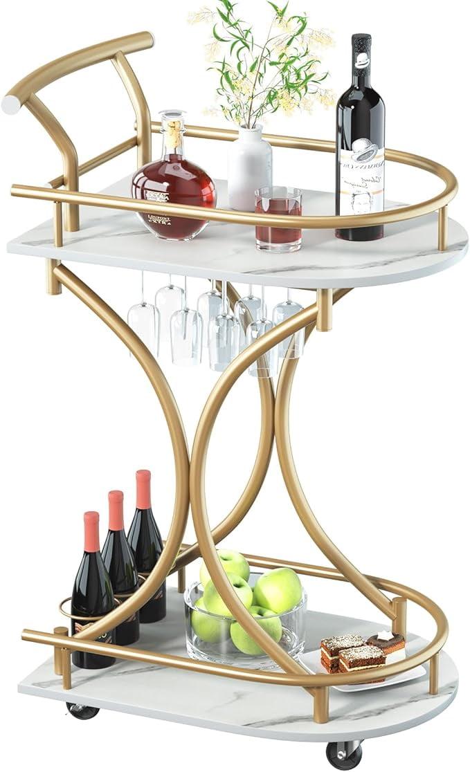 2-Tier Bar Cart, Mobile Bar Serving Cart, Industrial Style Wine Cart for Kitchen, Beverage Cart with Wine Rack and Glass Holder, Rolling Drink Trolley for Living Room