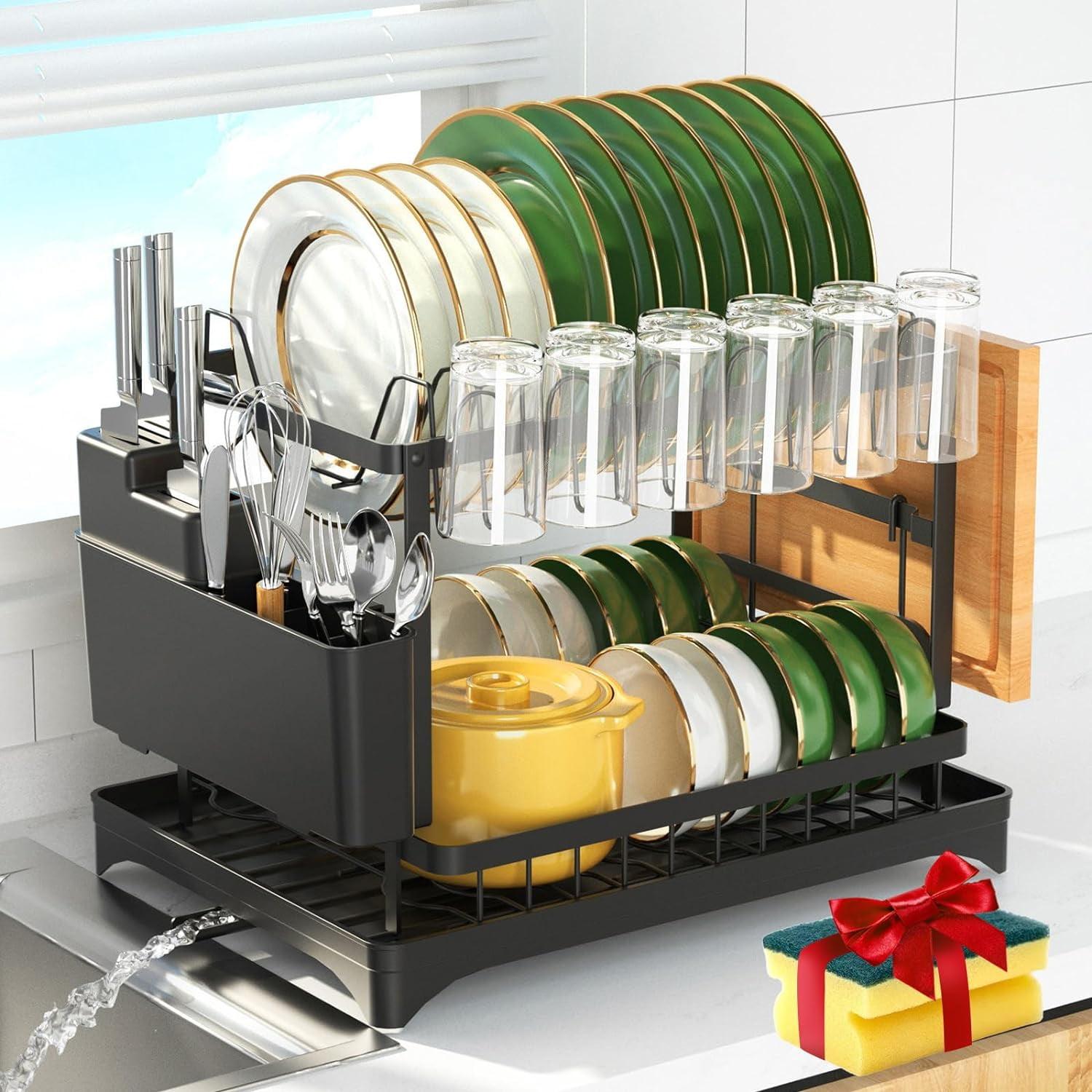 Simperf 2 Tier Dish Racks for Kitchen Counter, Drying Rack with Dish Drainer Set Dishes Organizers