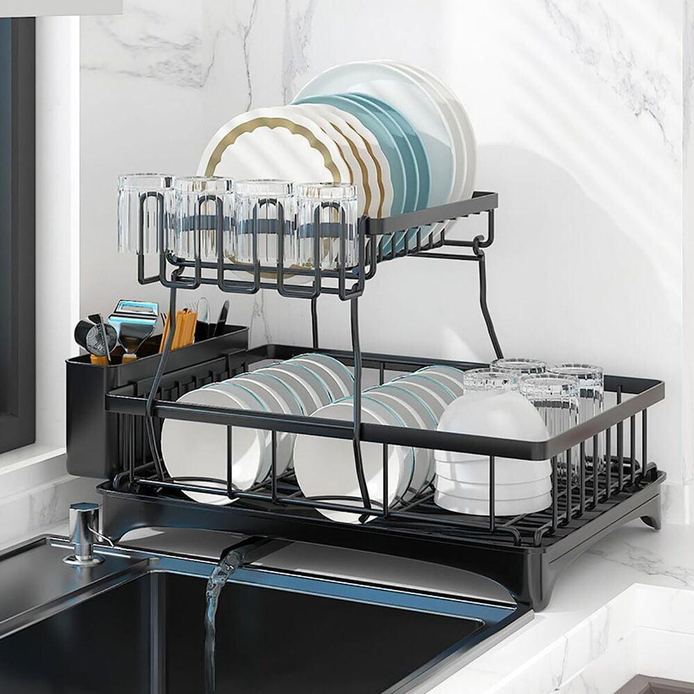 2-Tier Drying Dish Rack and Drain Board Set Utensil Holder Metal Kitchen Counter