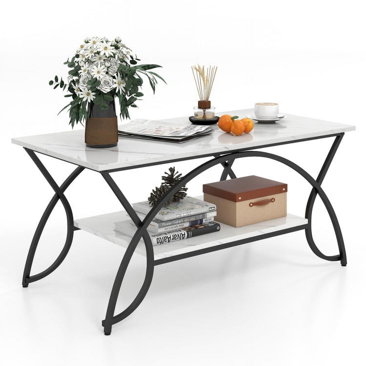 Kepooman Coffee Table,Center Table, Modern Sofa Table Tea Table,2-Tier Faux Marble Coffee Table with Marble Top and Metal Frame-Black & White