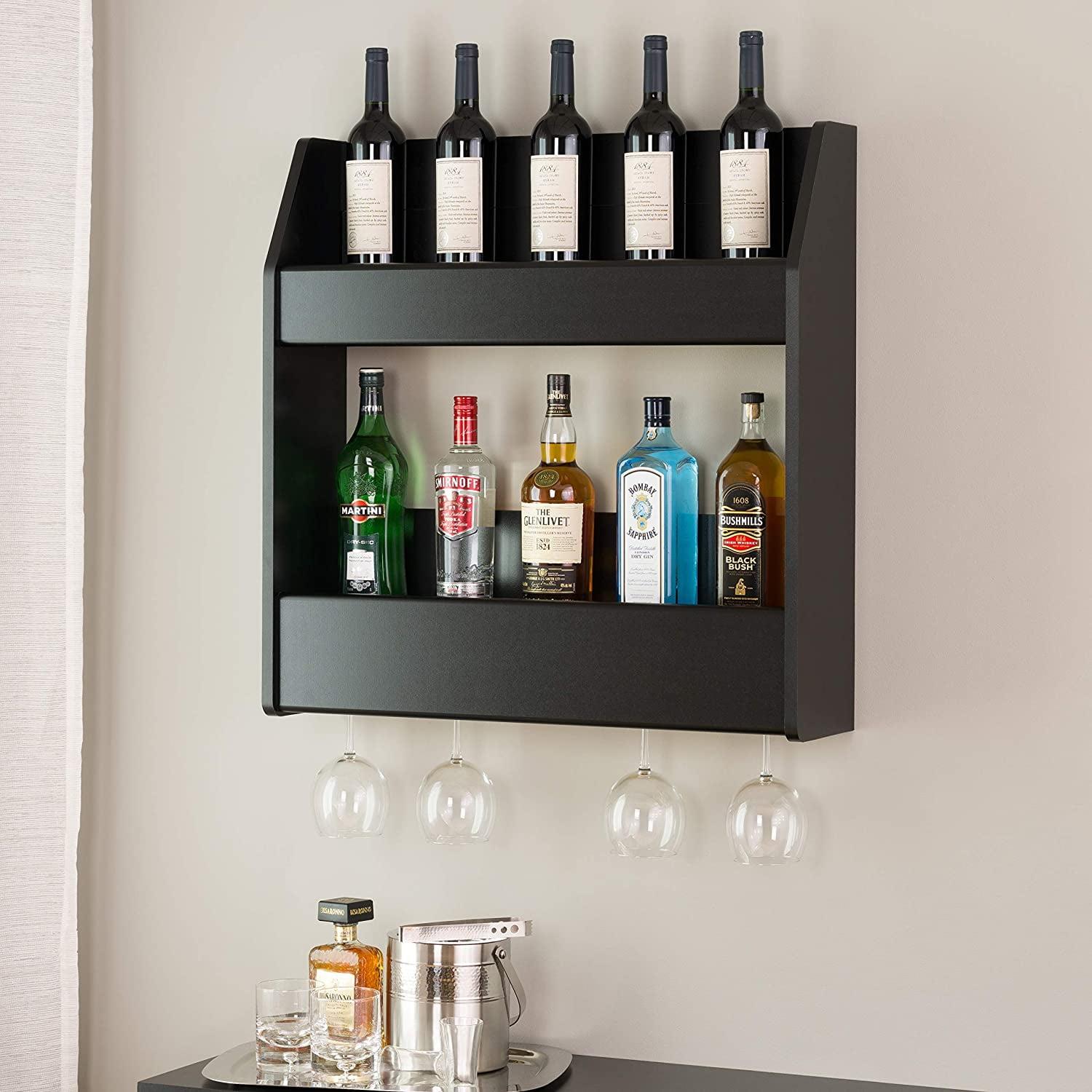 Compact Black Wall-Mounted Wine and Liquor Rack with Glass Storage