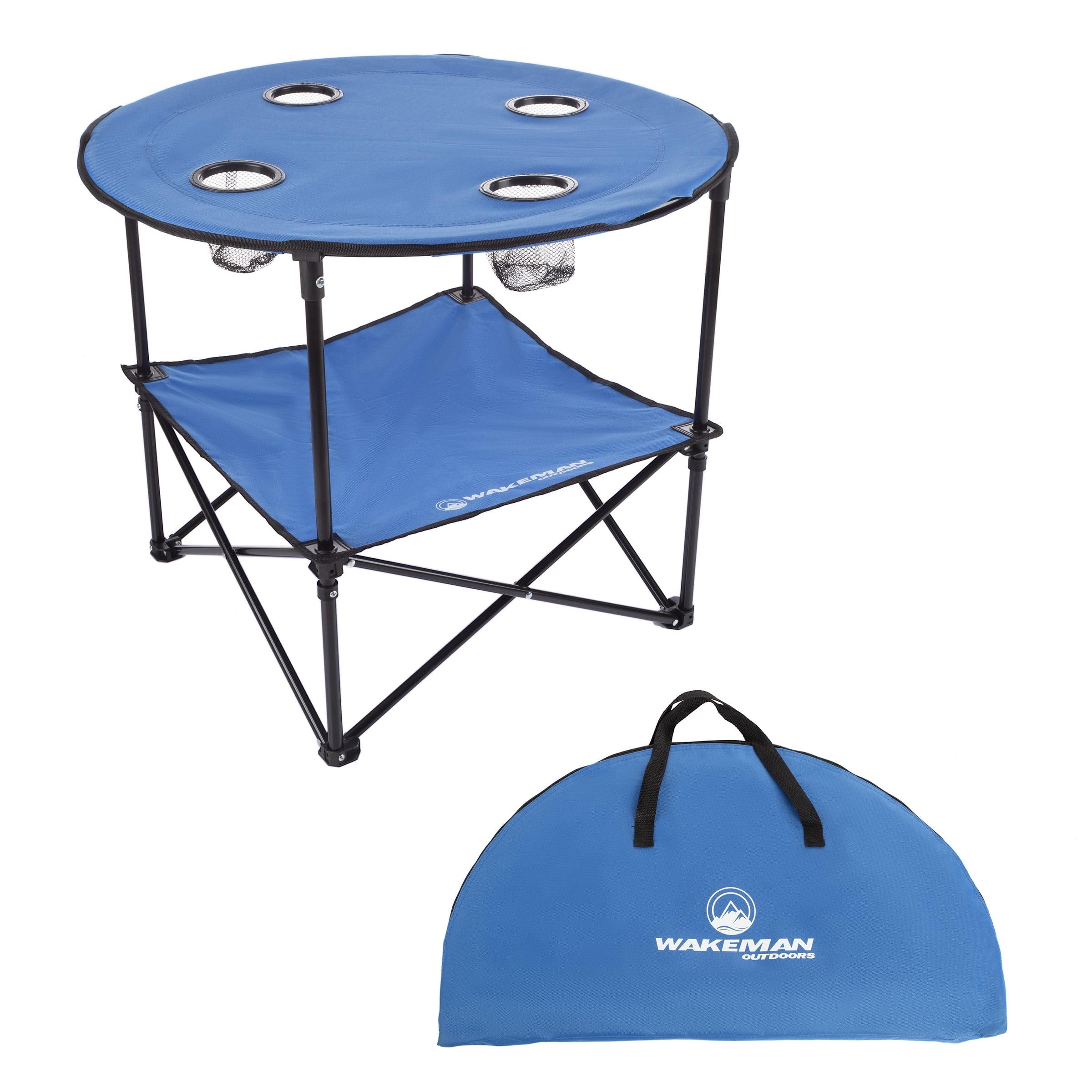 Blue 2-Tier Folding Camp Table with Cupholders and Carrying Bag