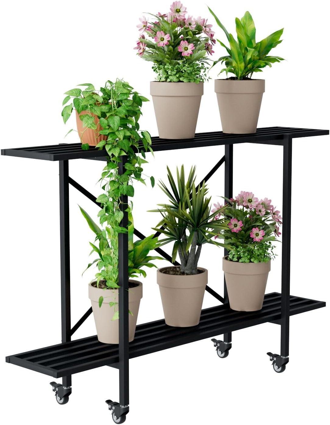 2 Tier Metal Sturdy Heavy Plant Stand, Narrow Plant Stand Indoor and Outdoor, L35.43 x W10.3 x H27.5 inch, 440 LBS Capacity & Heavy Duty Construction