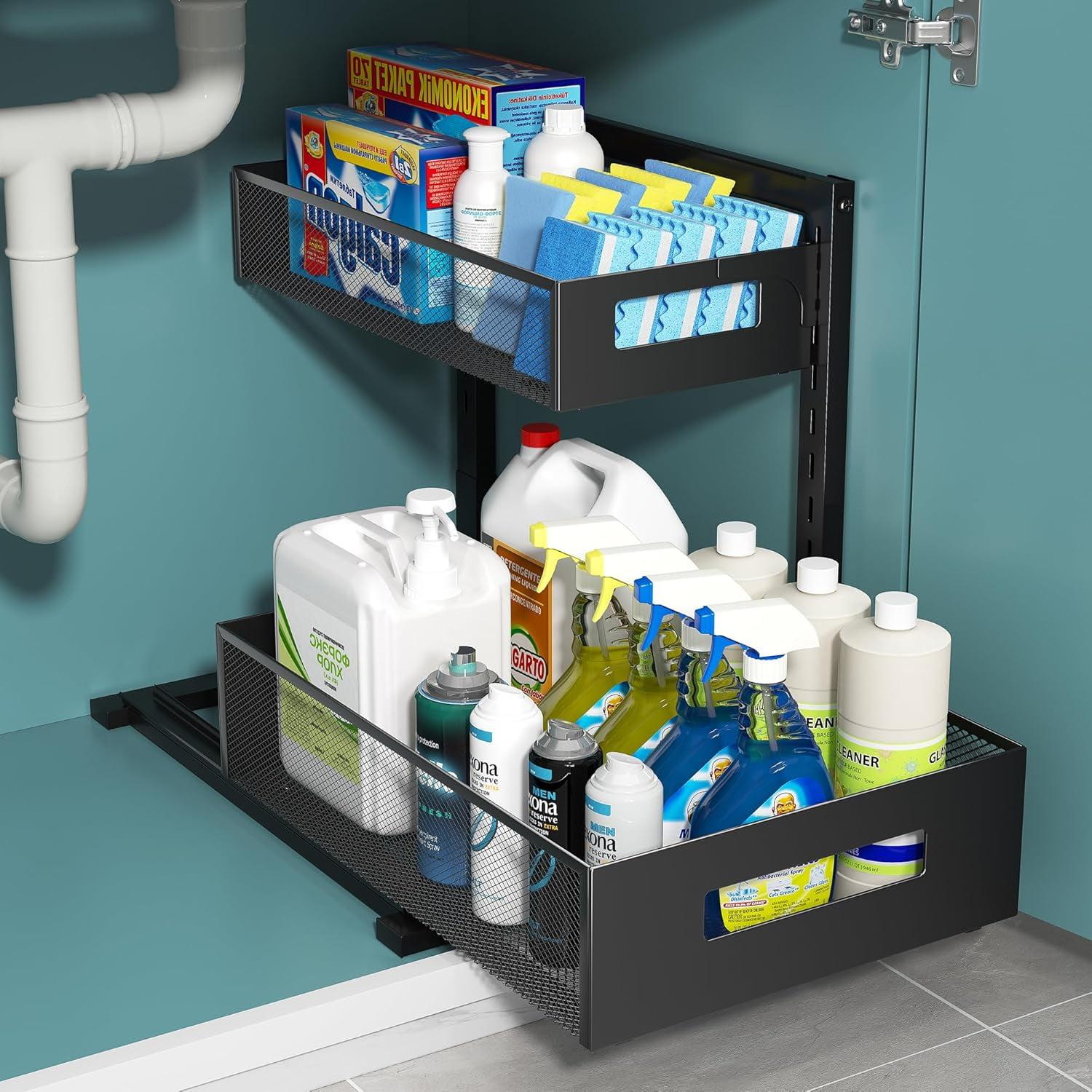 Black 2-Tier Metal Under Sink Organizer with Pull Out Track