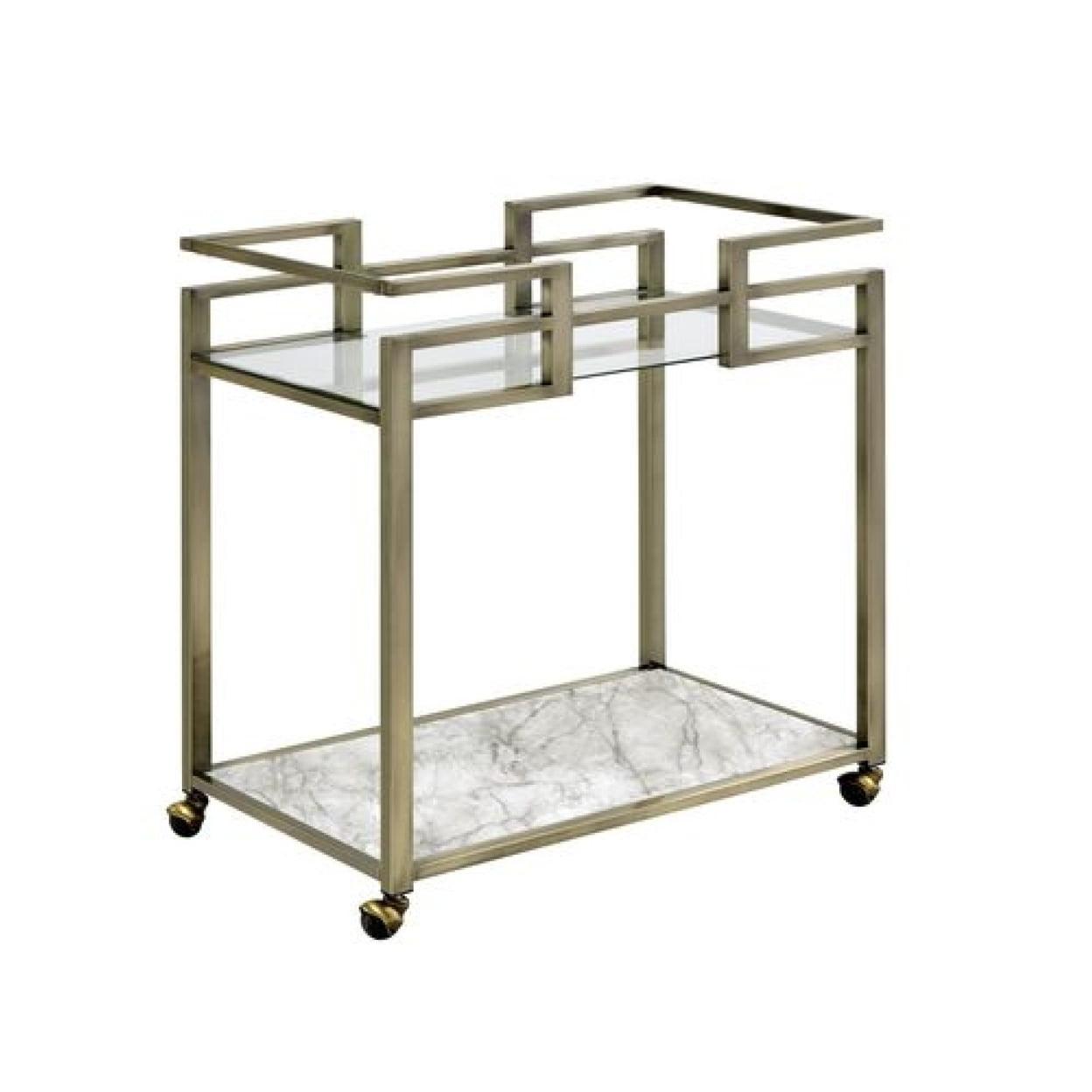 Silver Faux Marble and Metal 2-Tier Rectangular Serving Cart with Storage