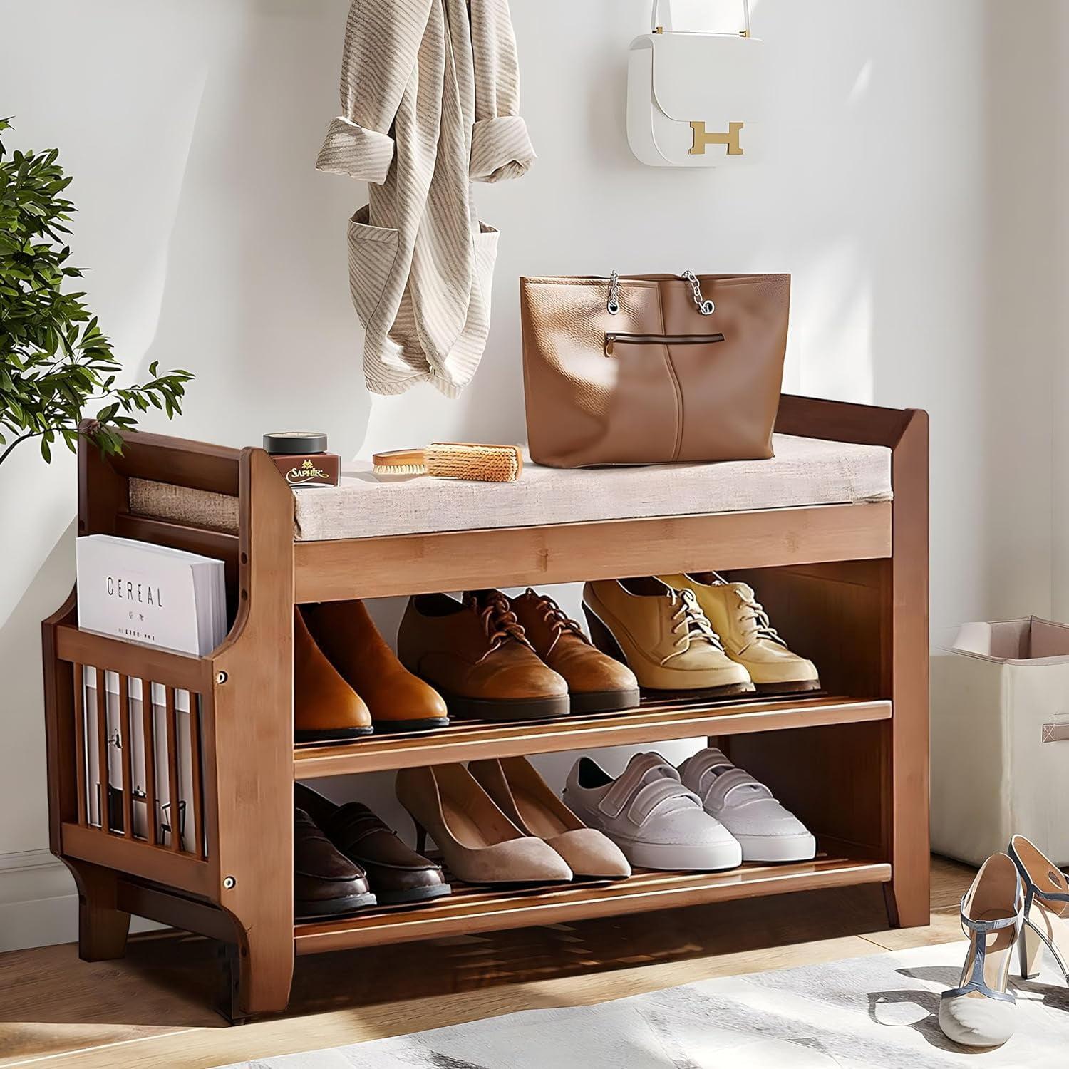 31.5" Brown Bamboo Shoe Storage Bench with Cushion and Side Holder