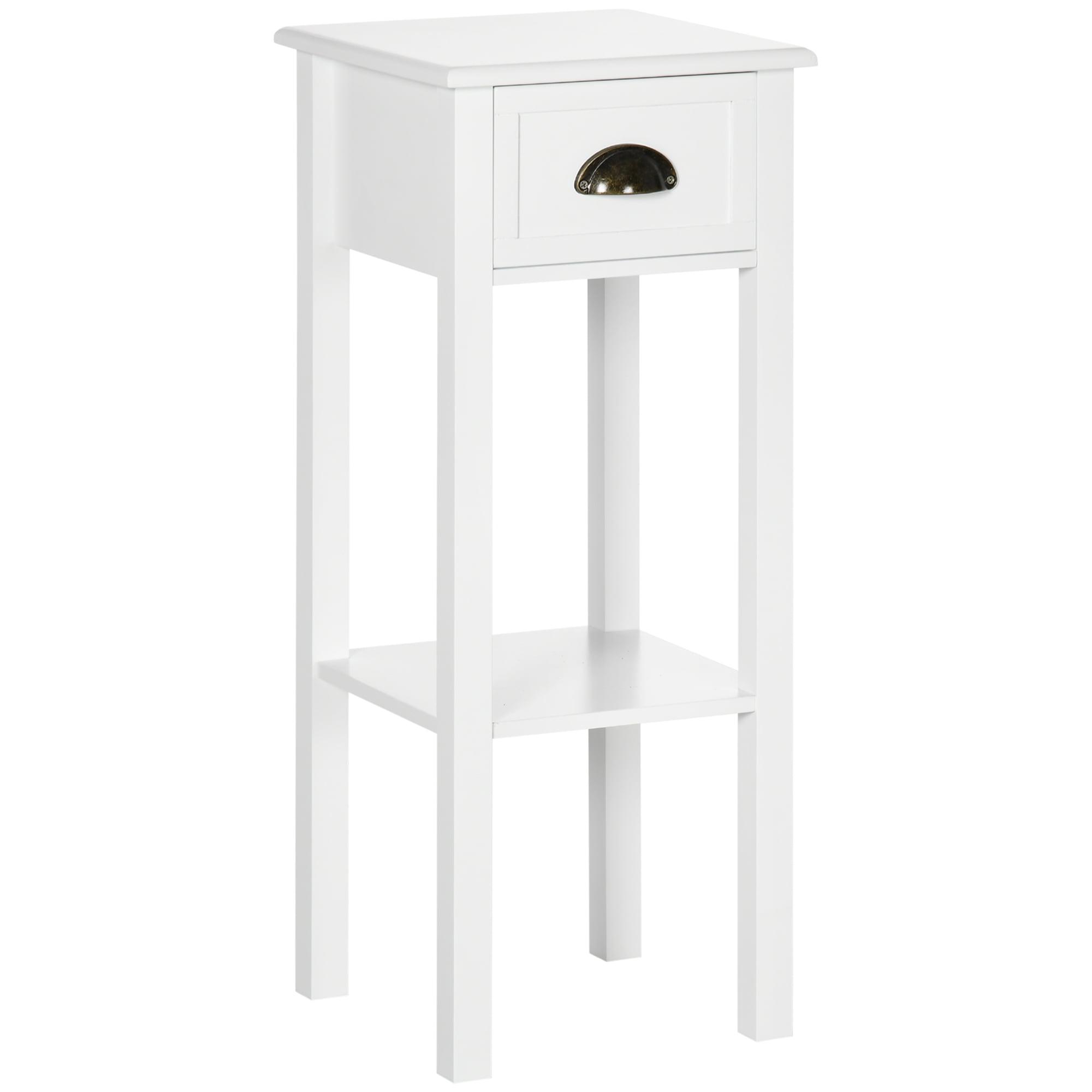 White MDF Narrow Side Table with Drawer and Shelf