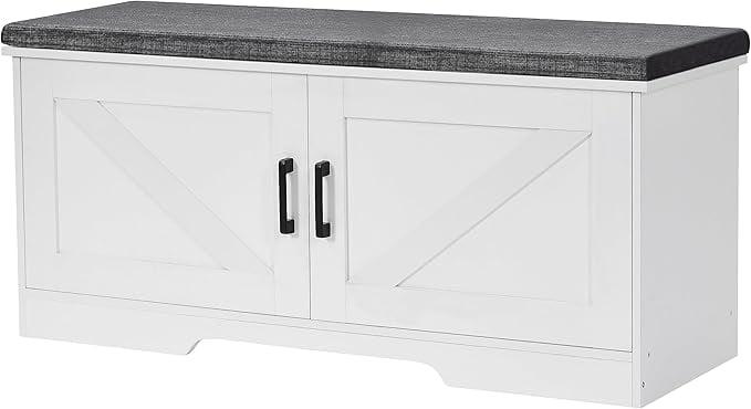 2-Tier Storage Bench, Shoe Bench with Padded Seat Cushion, Entryway Bench with 2 Barn Doors, Adjustable Shelf, 13.8" D x 39.4" W x 17.7" H, for Entryway, Living Room, Bedroom, White