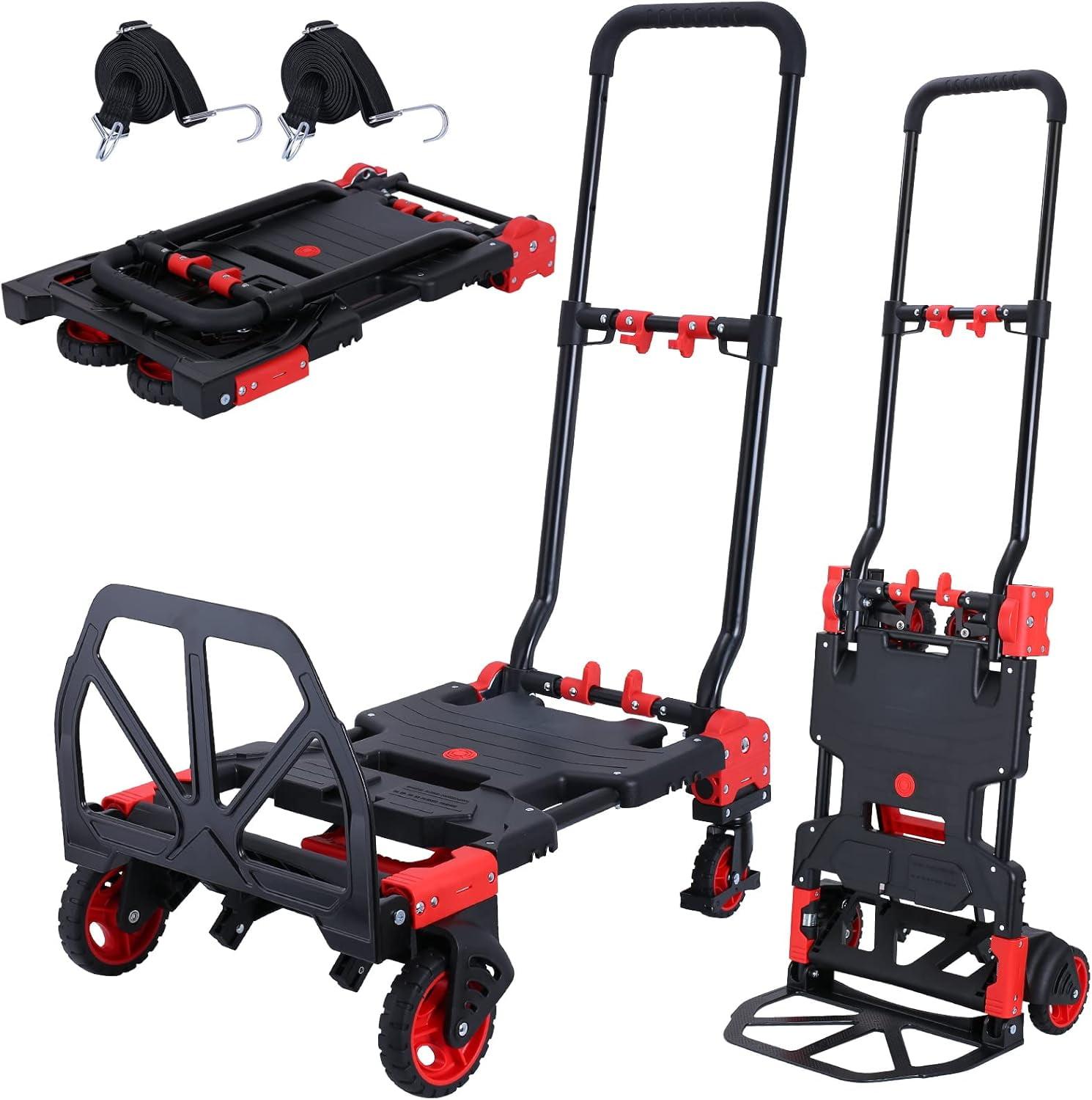 Red and Black Heavy Duty Folding Hand Truck with Rubber Wheels