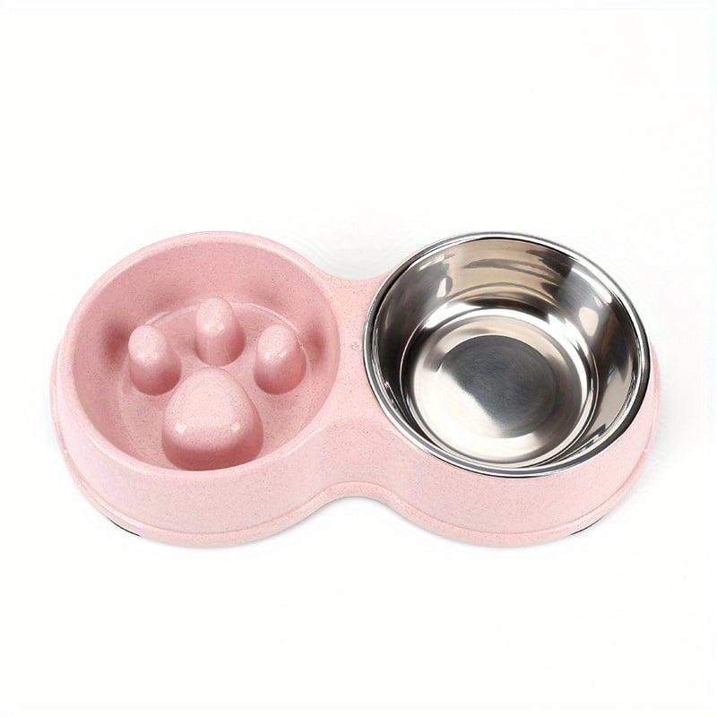 Pink Double Bowl Stainless Steel Slow Feeder for Pets