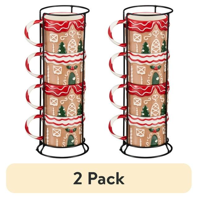 Holiday Time 12oz Gingerbread House Glazed Stoneware Ceramic Stacking Mug Set with Metal Rack