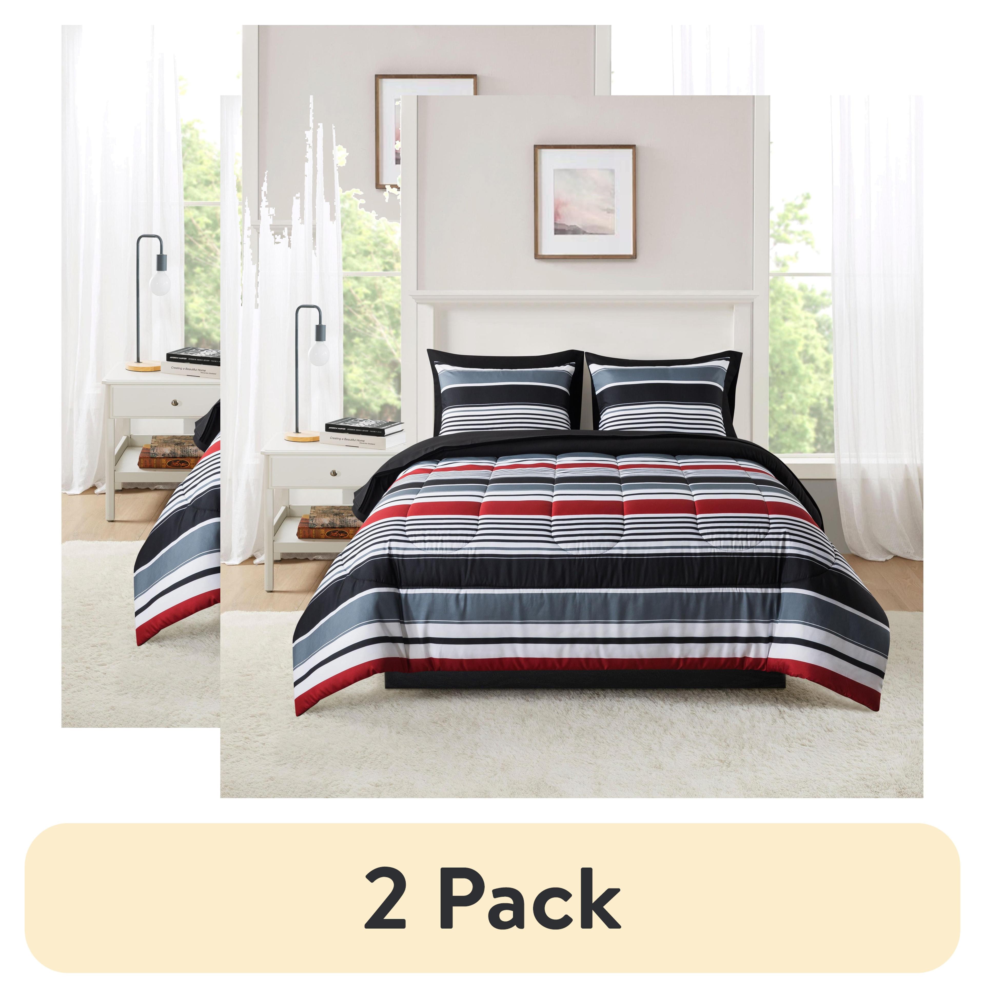 Mainstays 7-Piece Reversible Bed in a Bag Comforter Set with Sheets, Red and Black Stripe, Queen