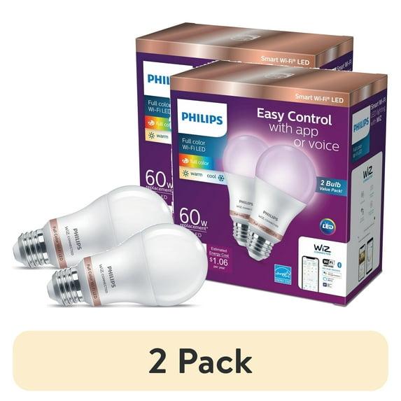 Philips 2pk 8.8W Smart LED Wi-Fi and Bluetooth A19 Color: Energy Star, Dimmable, 800 Lumens, Apple HomeKit Compatible