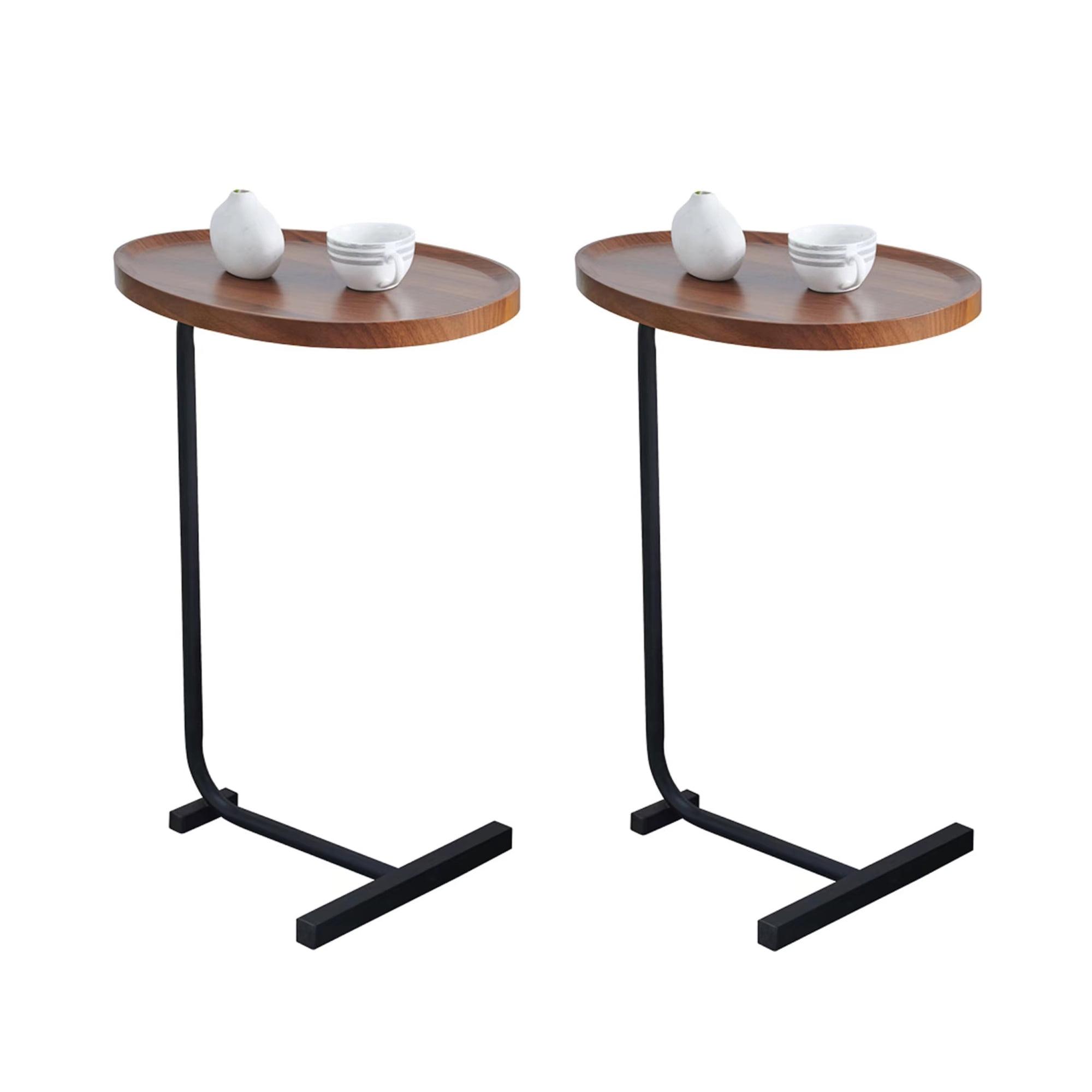 Brown Oval Top C-Shaped Side Table Set with Black Metal Frame
