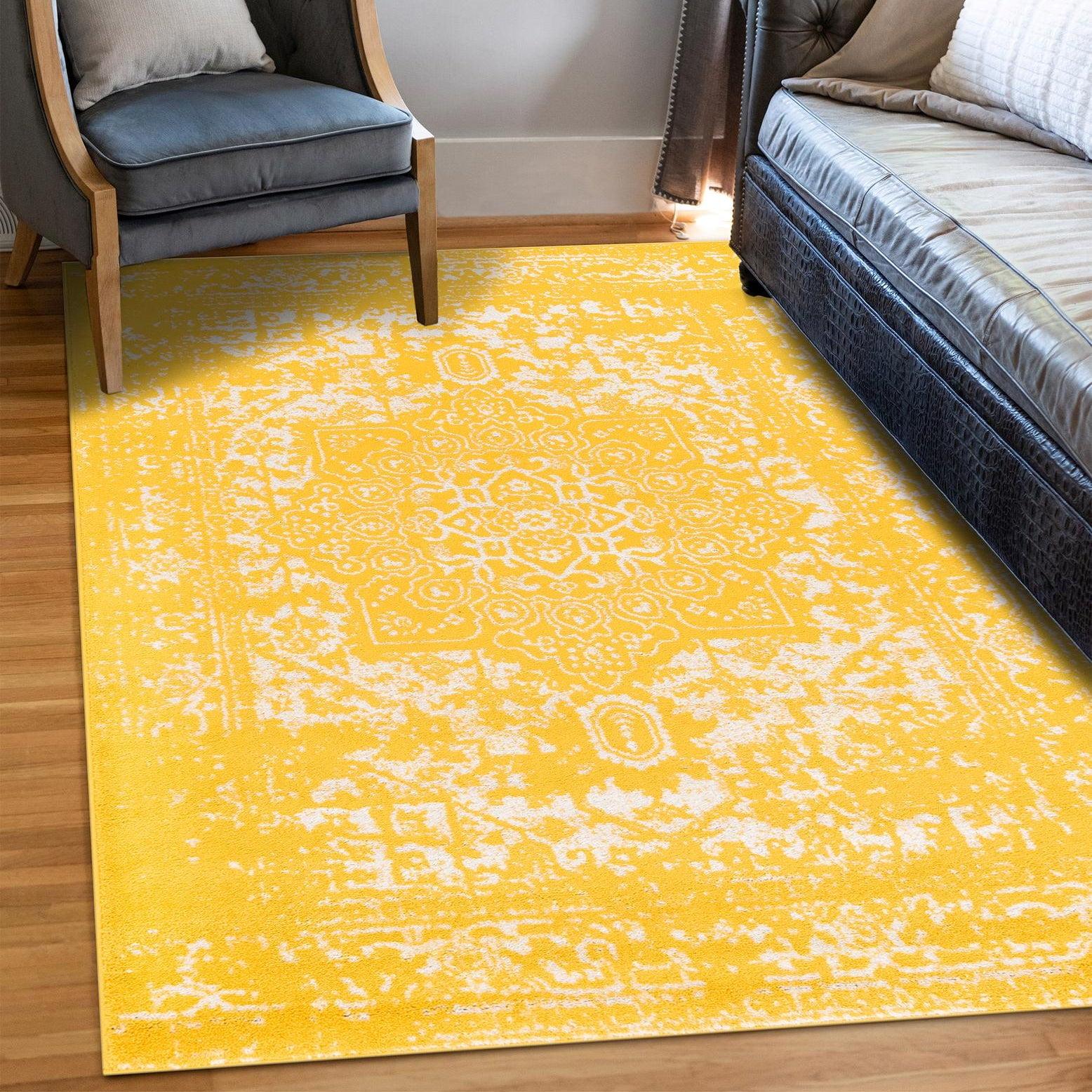 2' x 3' Yellow Synthetic Medallion Rectangular Area Rug