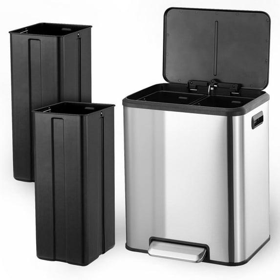 GlowSol Dual Trash Can for Recycling and Trash, Stainless Steel Kitchen Trash Can with Lid and Foot Pedal, Double Compartment Garbage Can, Trash Can with Recycling Bin (2 x 15 L)