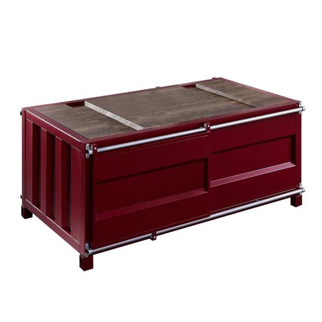 Industrial Red Metal Coffee Table with Wooden Top and Storage