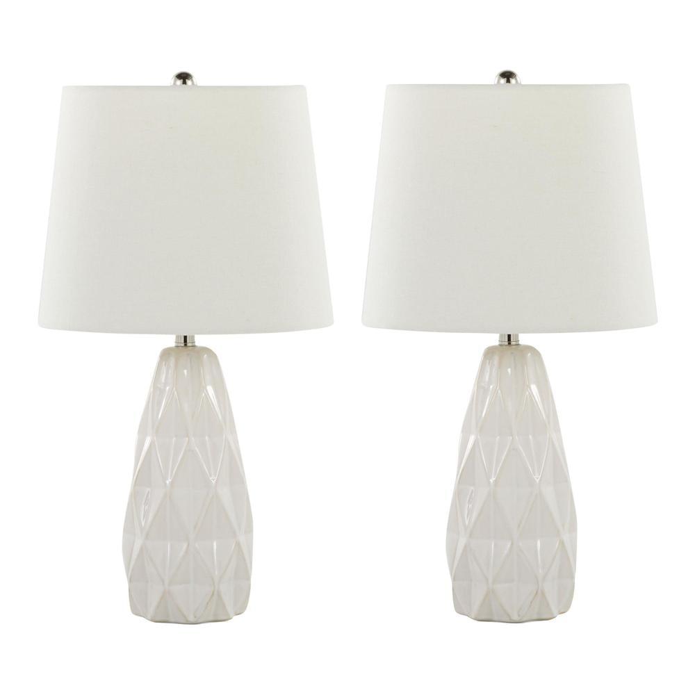 Set of 2 White Ceramic Accent Lamps with Linen Shades