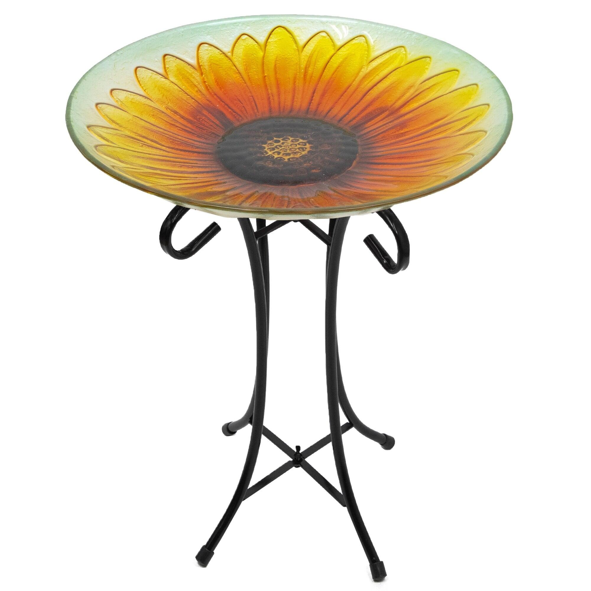 20.5" Sunflower Glass Bird Bath with Black Metal Stand