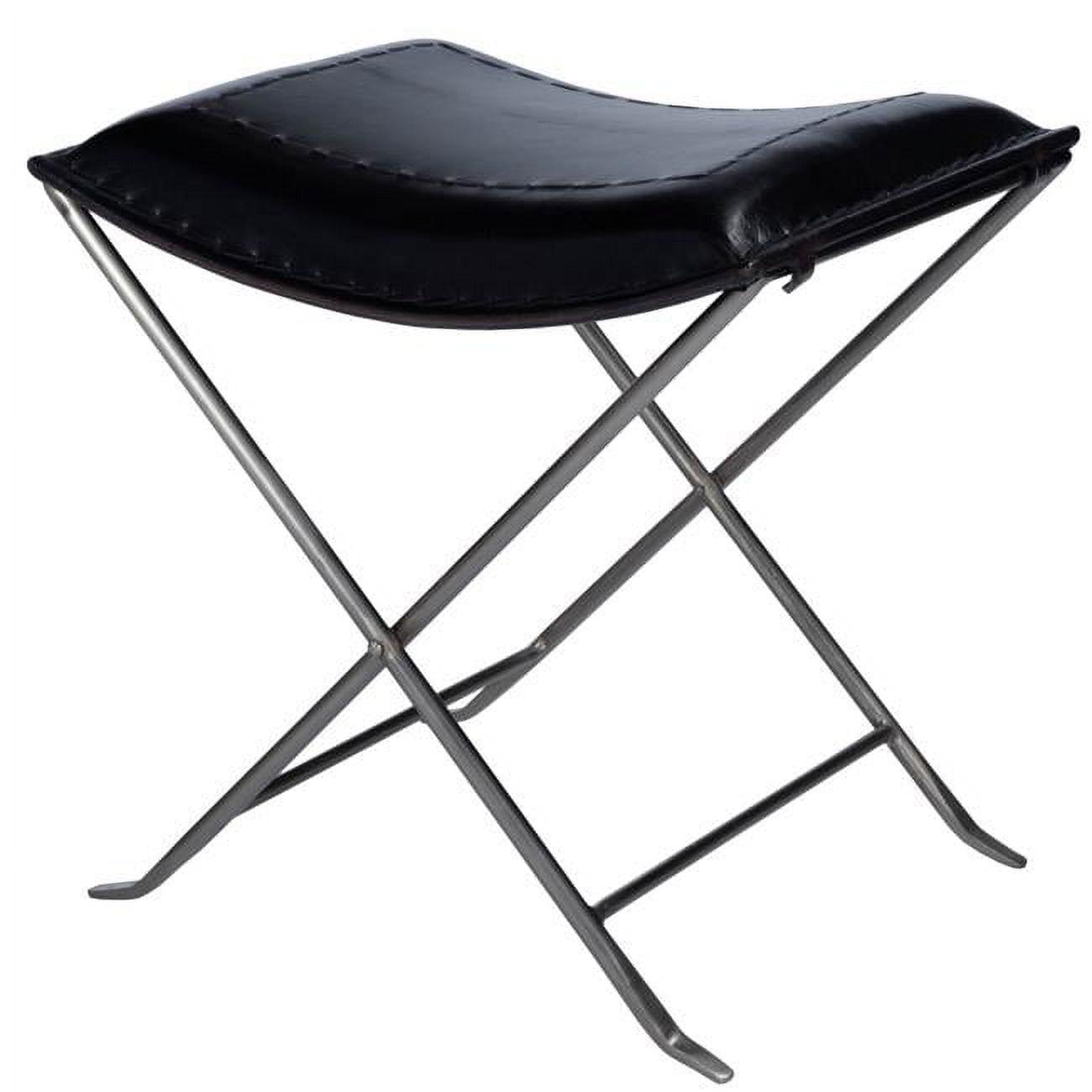 Melton Black Leather and Iron Folding Accent Stool