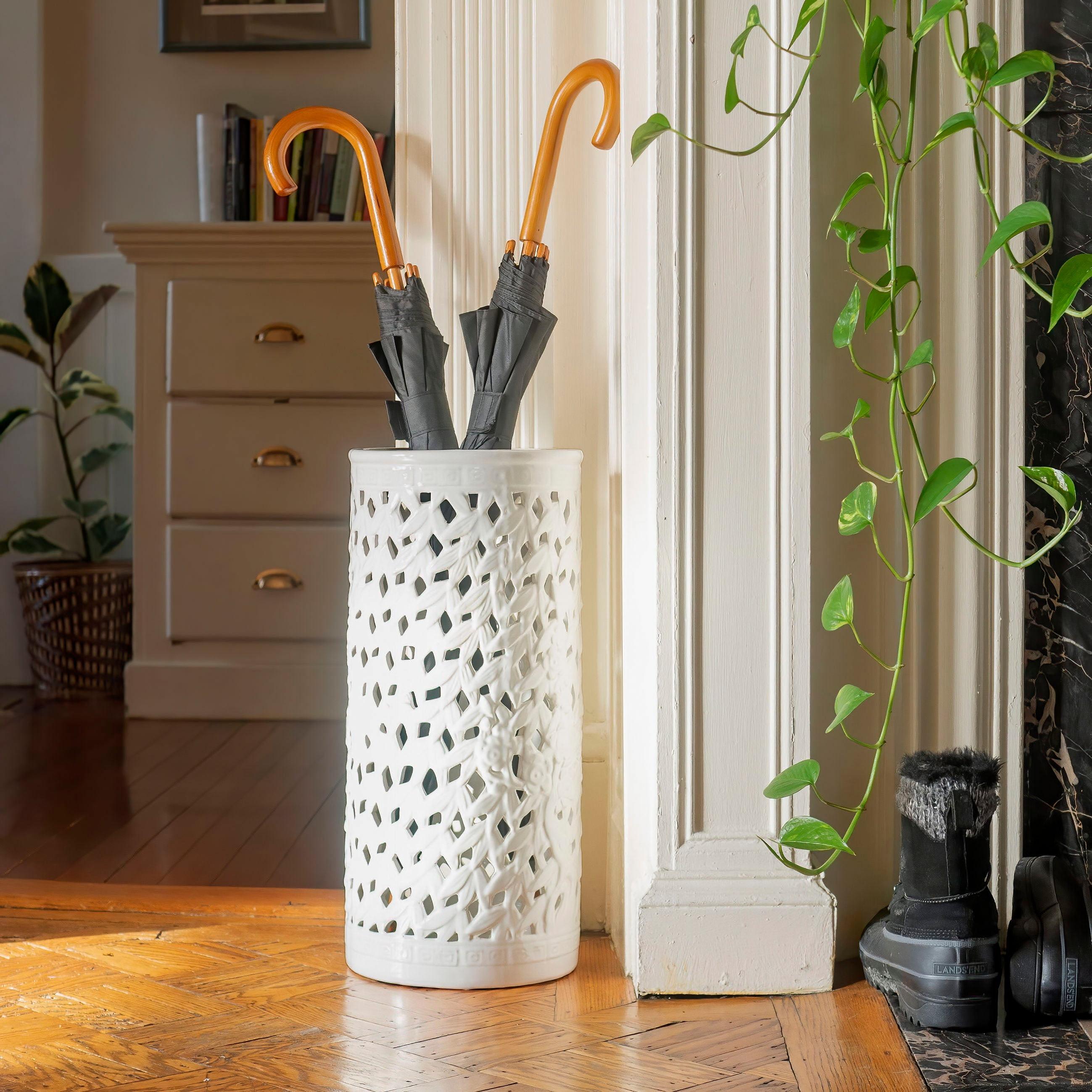 20" White Bamboo Lattice Porcelain Umbrella Stand