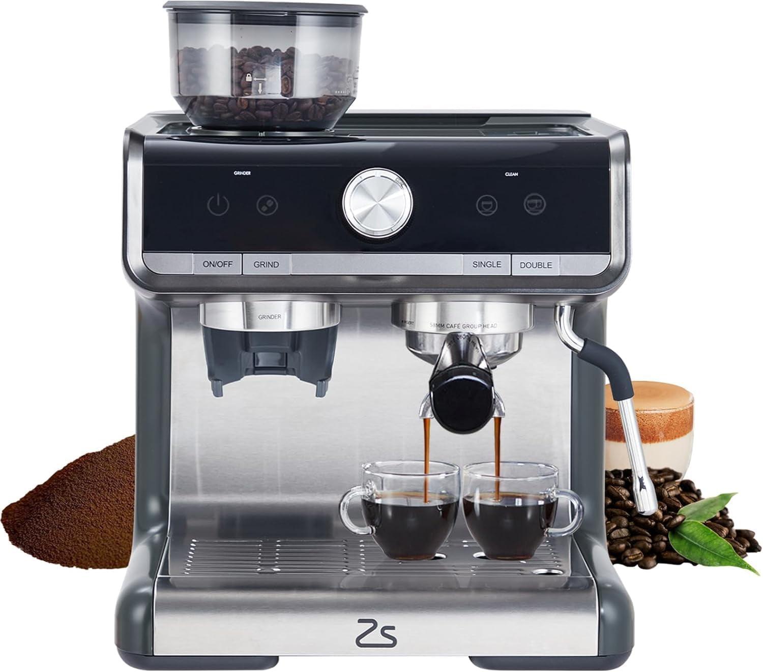 Stainless Steel Semi-Automatic Espresso Machine with Grinder and Steam Wand