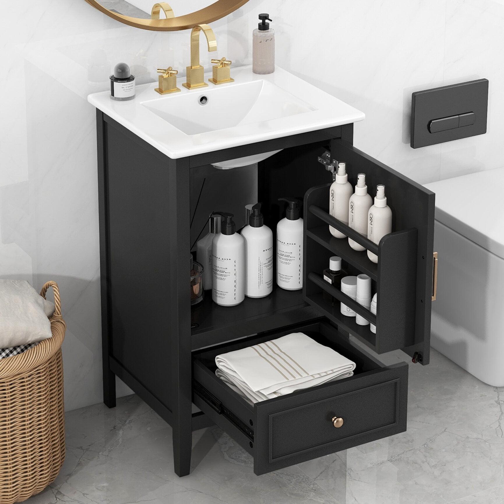 20" Black Freestanding Bathroom Vanity with Ceramic Sink