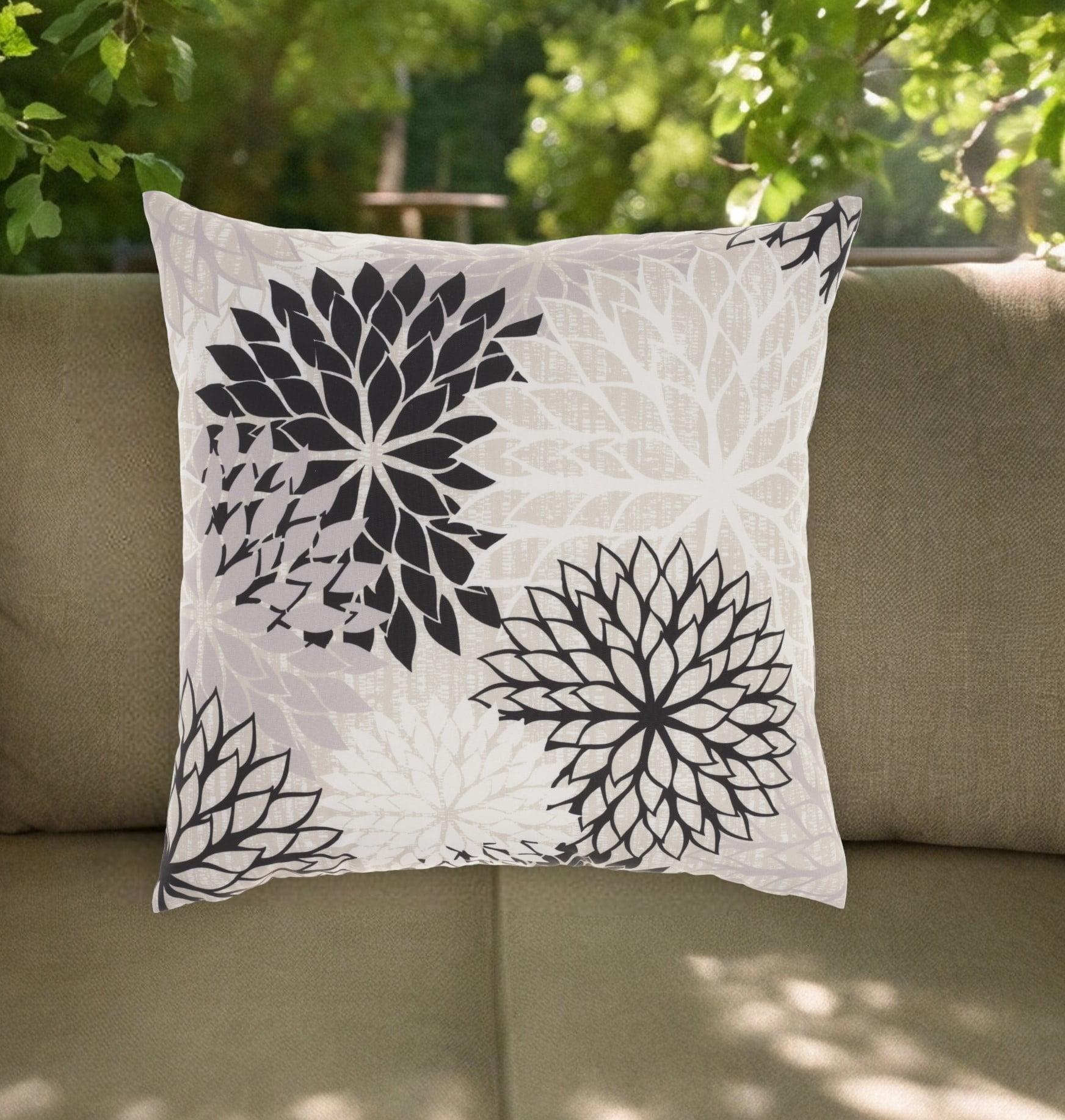 Mina Victory Aloha Floral Tropical Outdoor Throw Pillow Black White 6" x 20"