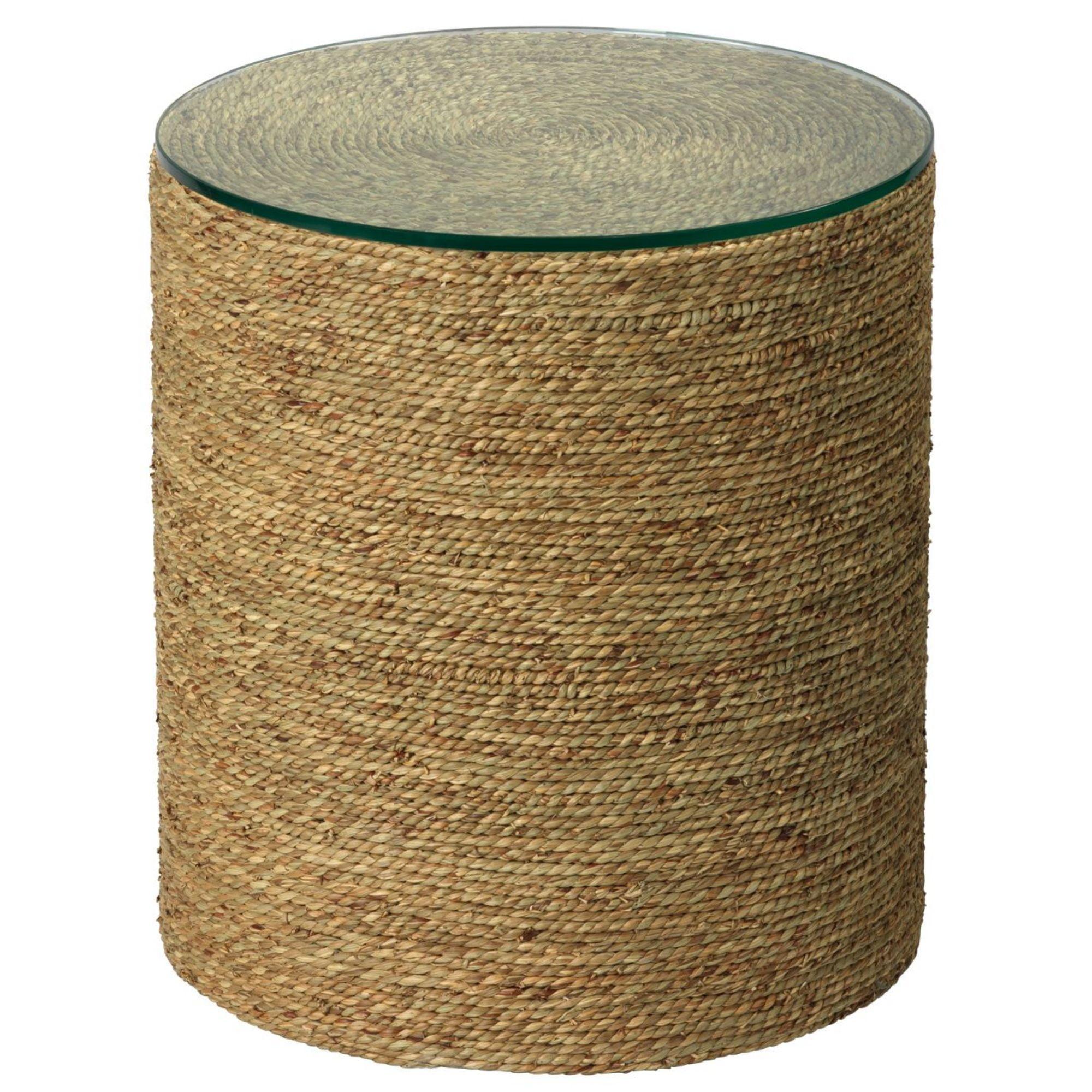 Natural Seagrass Drum Side Table with Glass Top