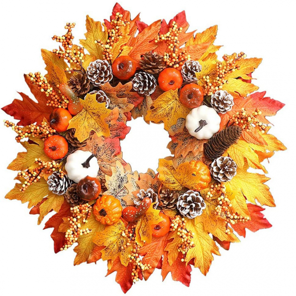 Fall Wreath 20’’ Autumn Front Door Wreath Harvest Wreath with Sunflower Pumpkins Berries Maple Leaves Daisies for Outside Indoor Home Wall Festival Thanksgiving Autumn Farmhouse Decor
