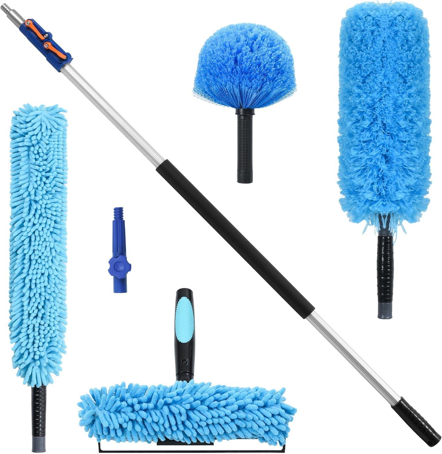 12' Blue Telescoping Pole High Reach Duster Kit with Multiple Attachments