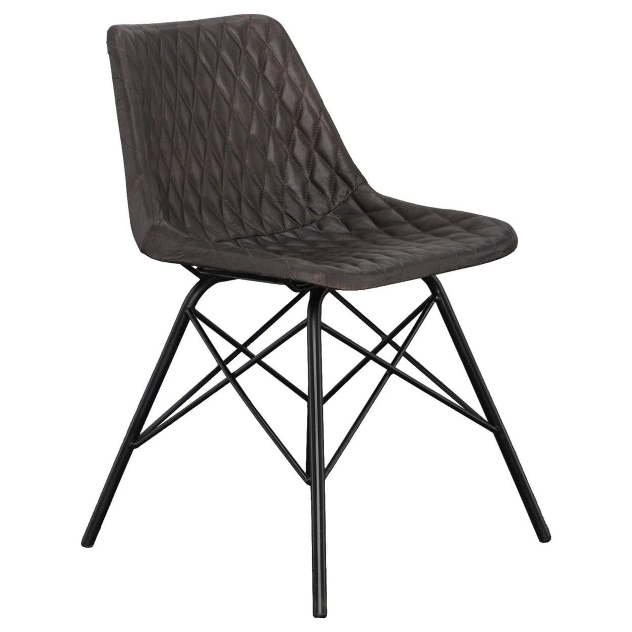 20 Inch Genuine Leather Accent Chair, Diamond Stitched, Metal Frame, Dark Brown, Black - Saltoro Sherpi