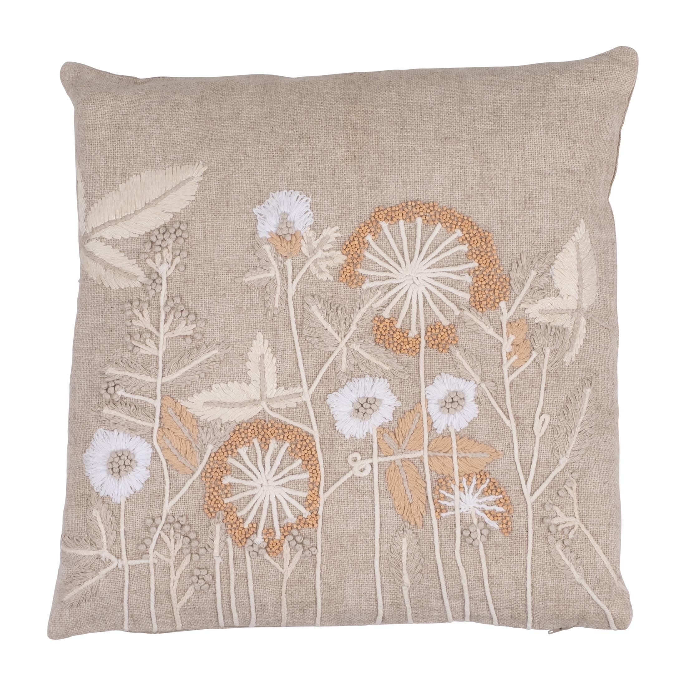 Sagebrook Home Cotton, Wild Flowers, Hand Embroidery Decorative Pillow, Brown, Soft and Cozy Cushion