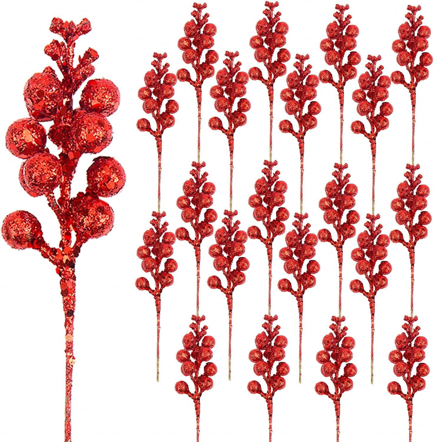 20 Pcs Artificial Glitter Berry Stems, 7.8 Inch Glitter Christmas Tree Picks for Christmas Tree Ornaments,DIY Xmas Wreath, Xmas Party Home Decorations