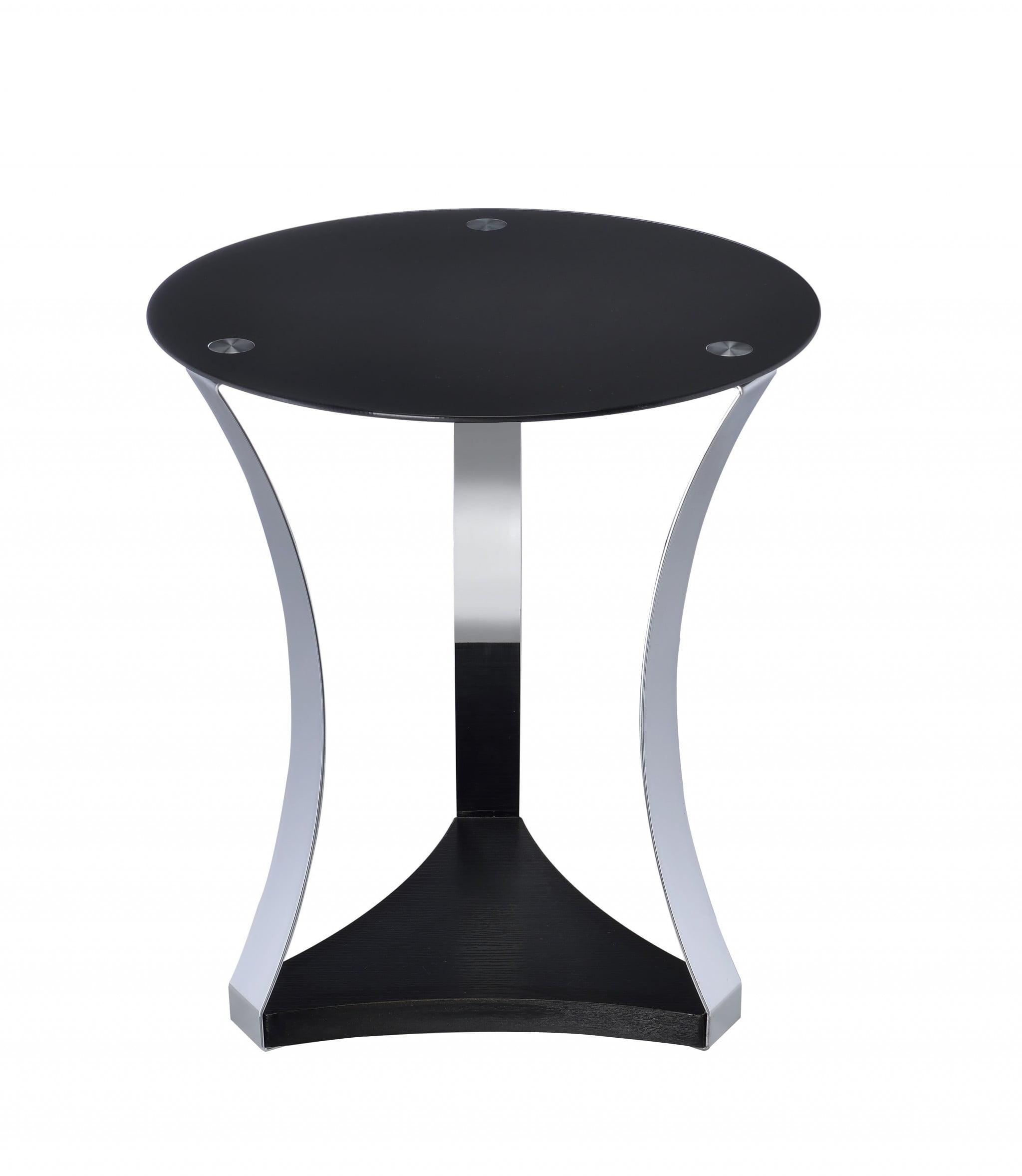 20" Chrome & Black Glass Round Pedestal End Table with Shelf