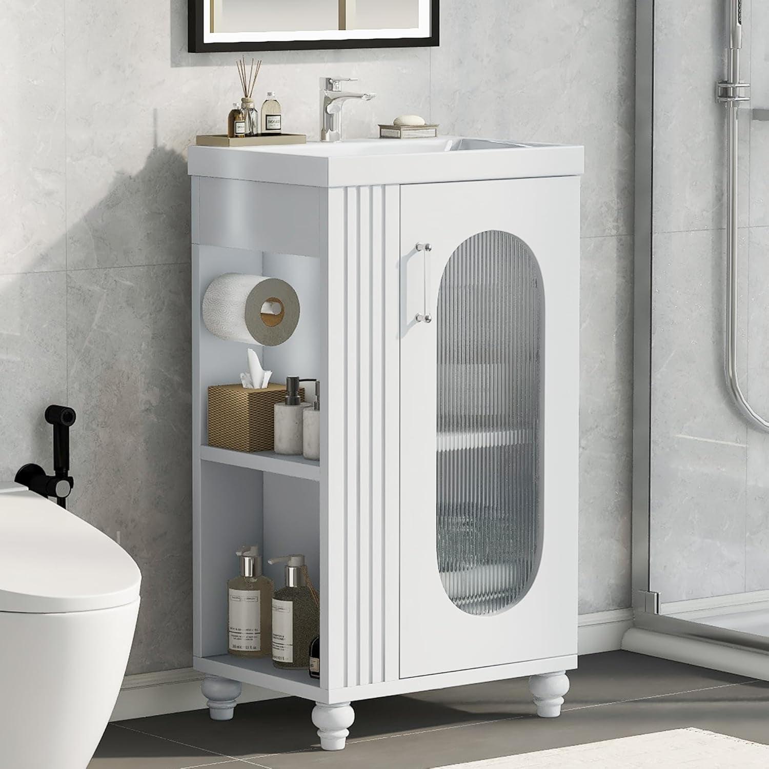 White Freestanding Small Bathroom Vanity with Glass Door and Shelves