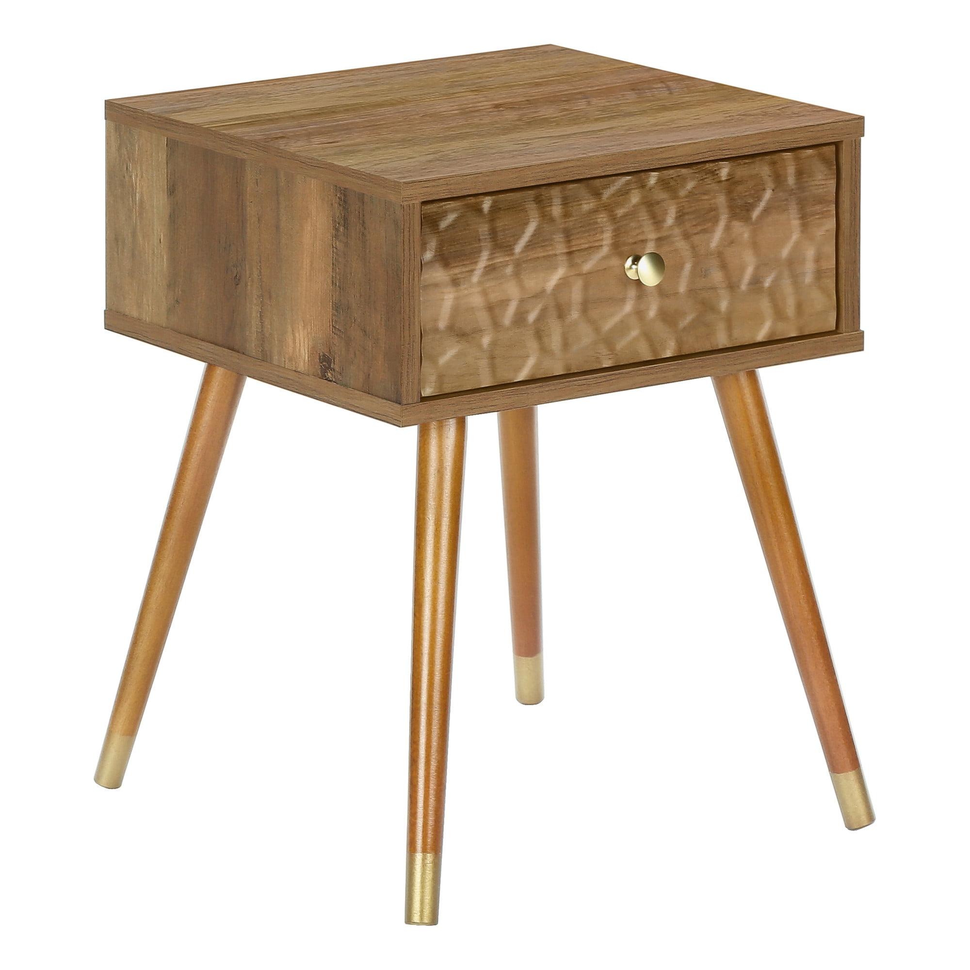 Retro Walnut Wood Square Accent Table with Rippled Drawer