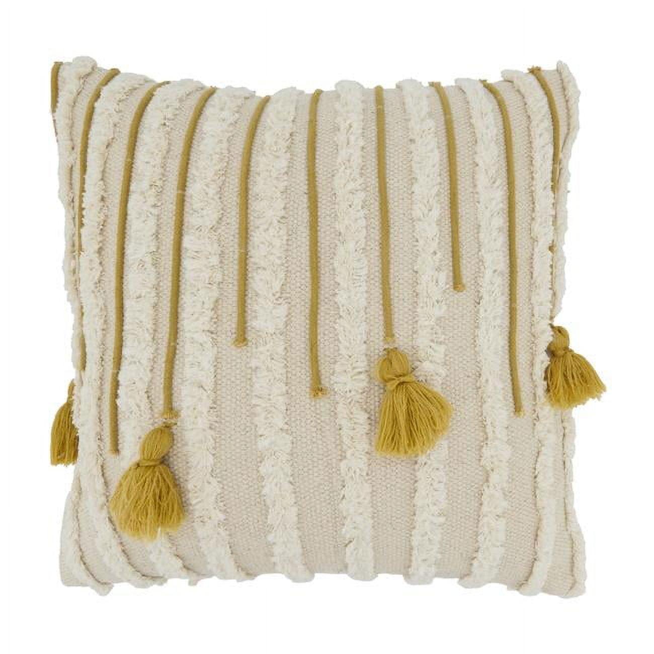 Beige Cotton Tassel and Tufted 20" Square Throw Pillow