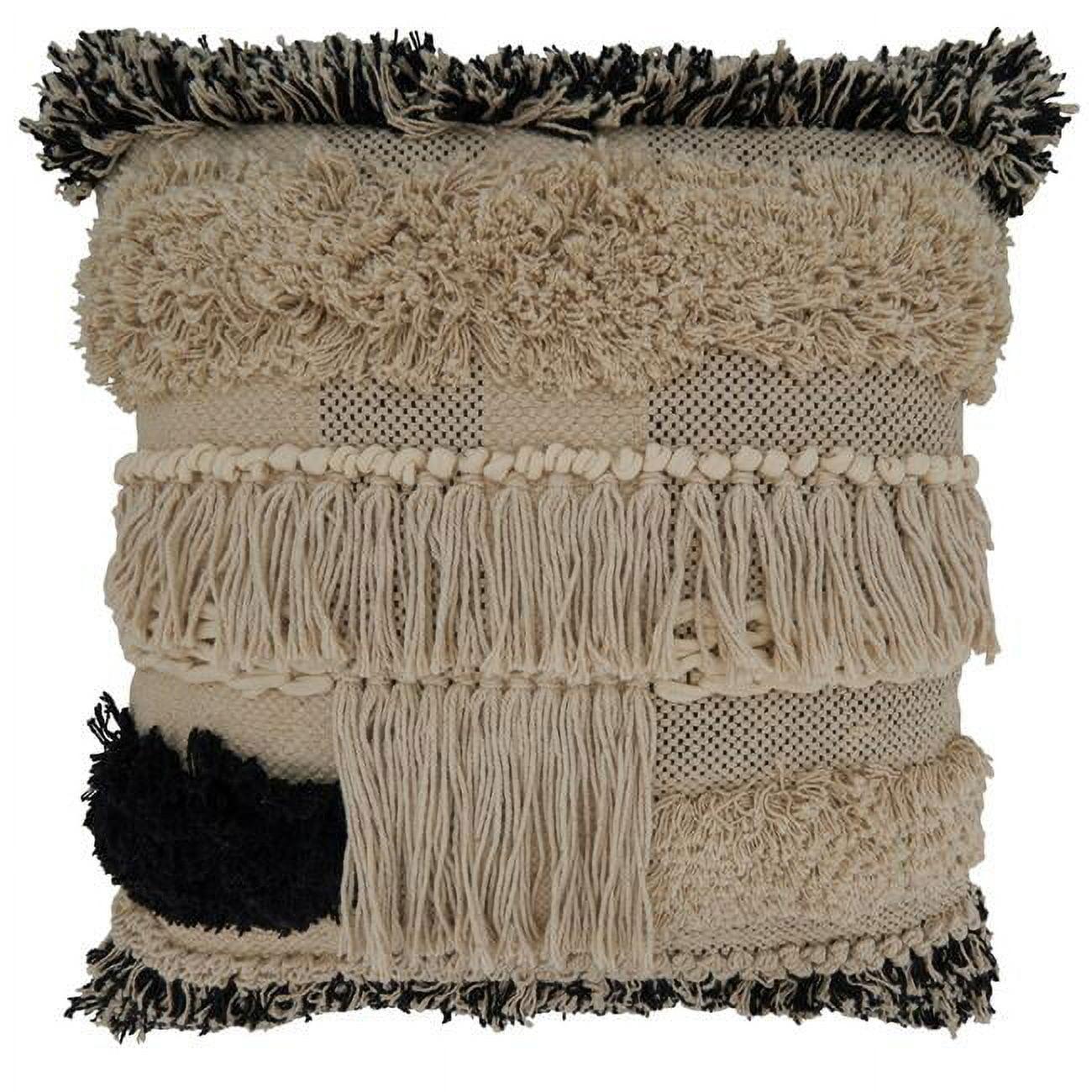 Bohemian Black & White Fringed Cotton Pillow Cover, 20"