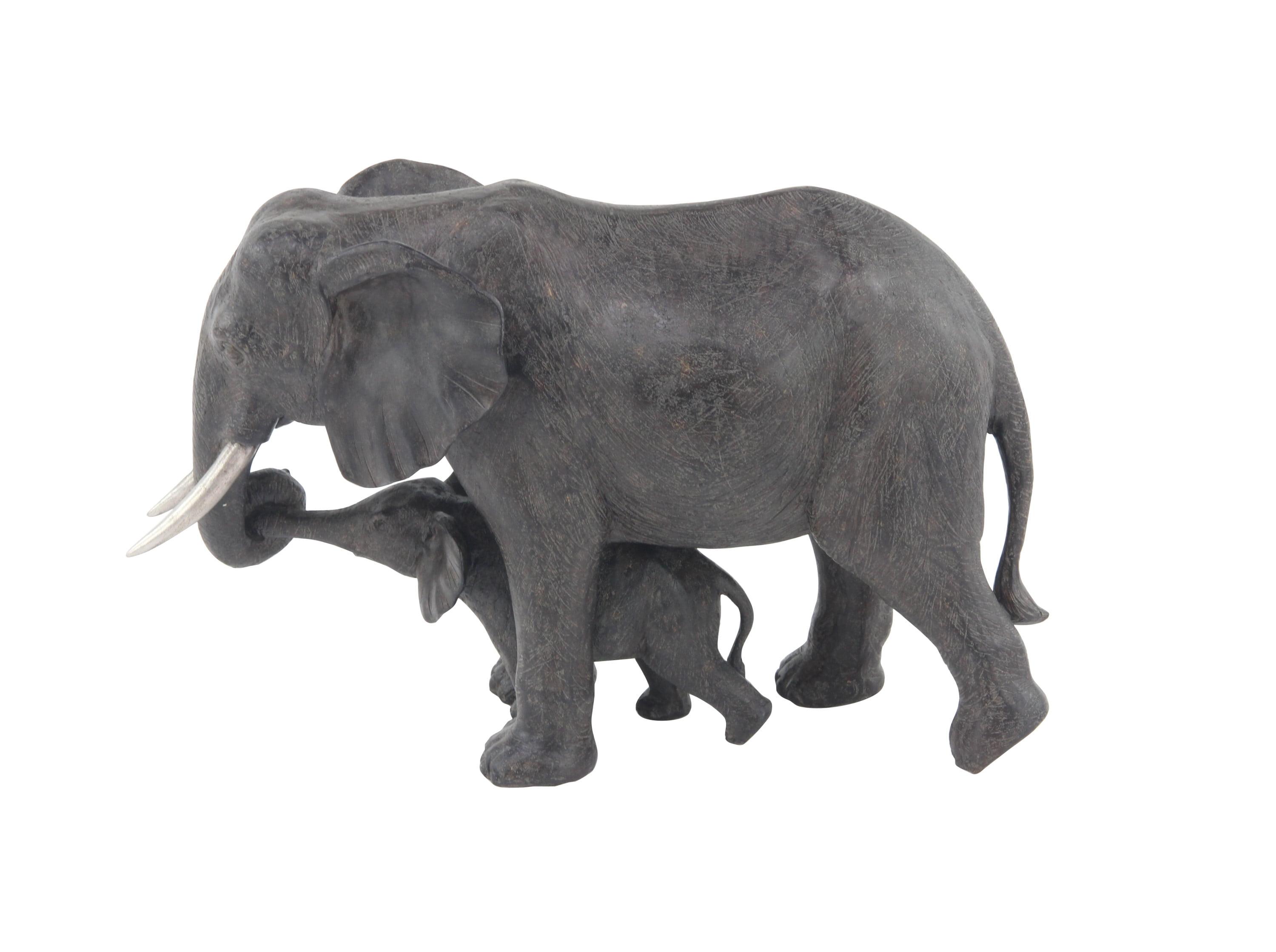 Gray Resin Elephant Mother and Calf Sculpture