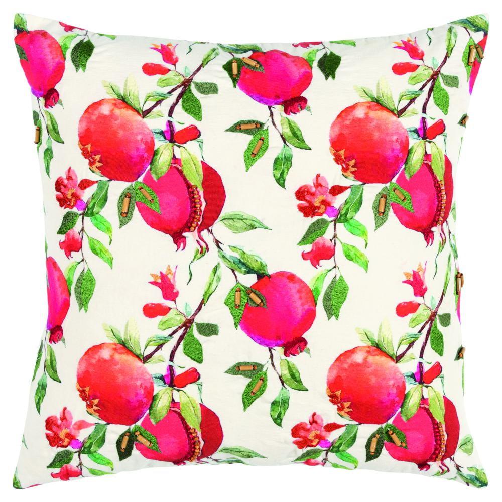 20"x20" Oversize Botanical Pomegranate Square Throw Pillow Cover - Rizzy Home: Embroidered, Canvas Texture, Coconut Beading