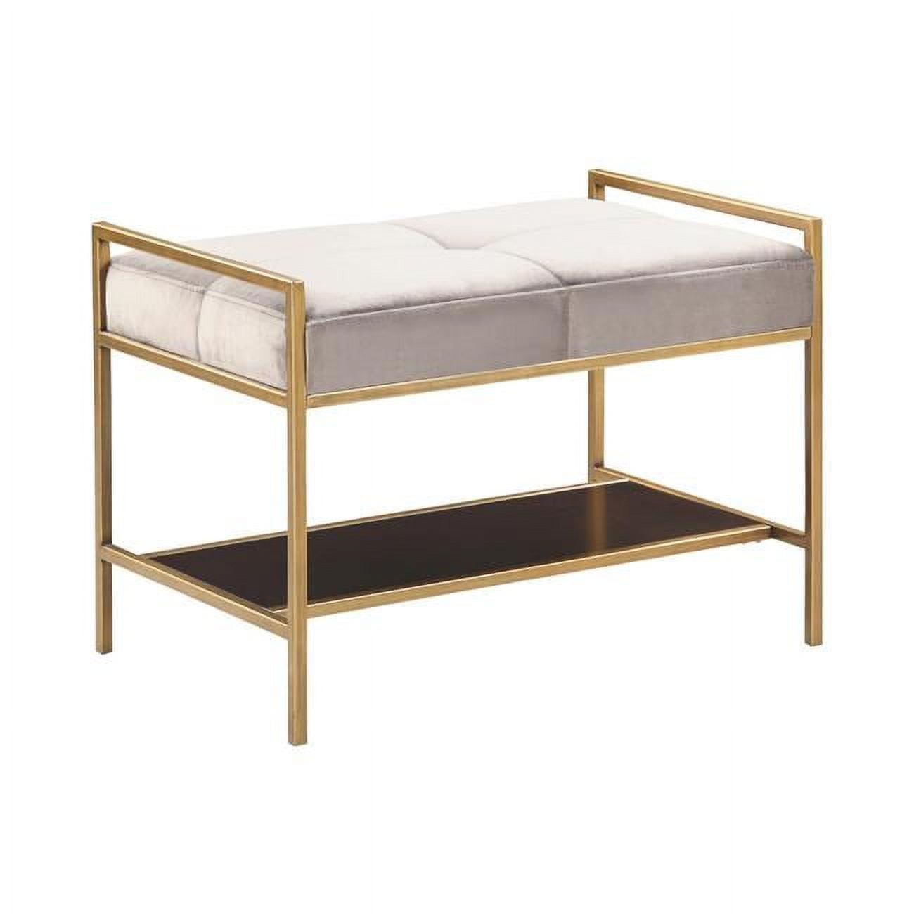 Gold Tone Metal Frame Bench with Gray Velvet Tufted Seat