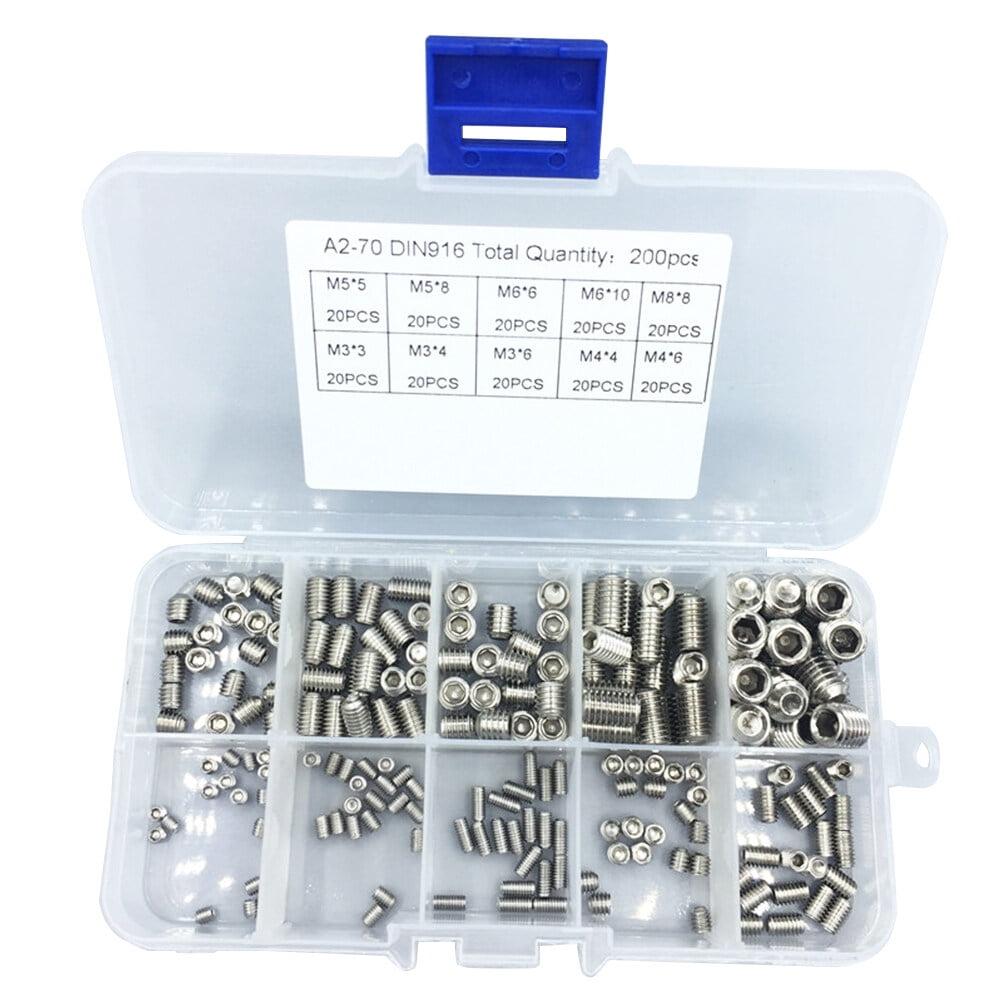 200pcs Stainless Steel Hex Allen Head Socket Set Screw Assortment Kit Socket Set Screw with Internal Hex Drive (Silver)